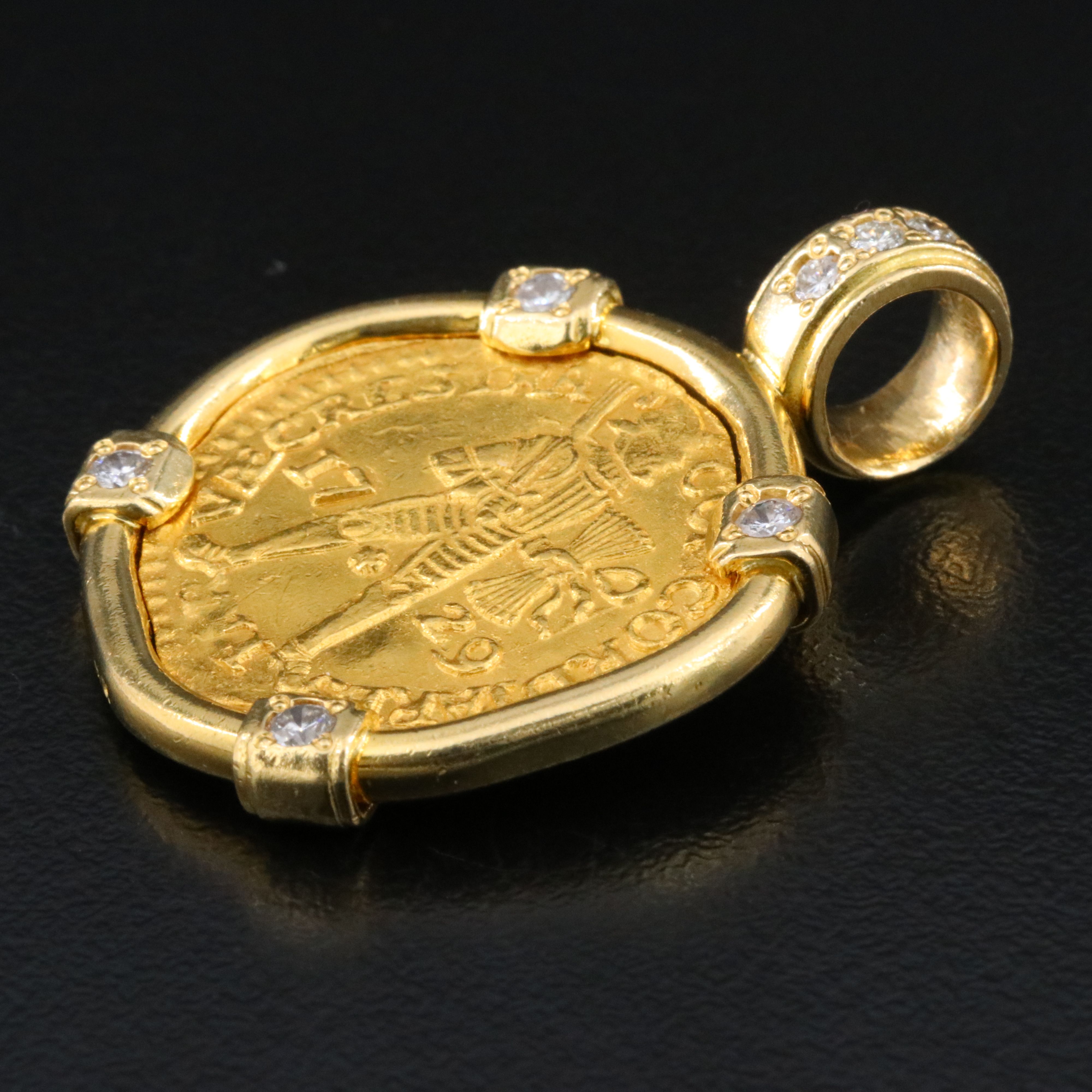 18K 0.38 CTW Diamond Pendant with 1729 Netherlands, Holland 2 Ducat Gold Coin