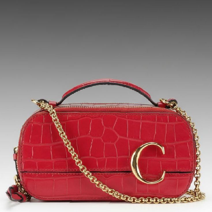 Chloé Mini C Double-Zip Vanity Bag in Pink Raspberry Croc Embossed Leather