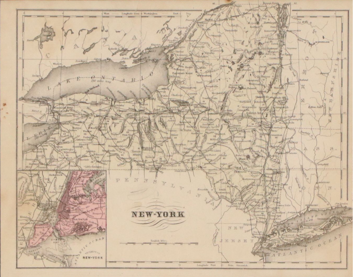 Francis Mcnally Hand-colored Lithograph Map "New York," 1869