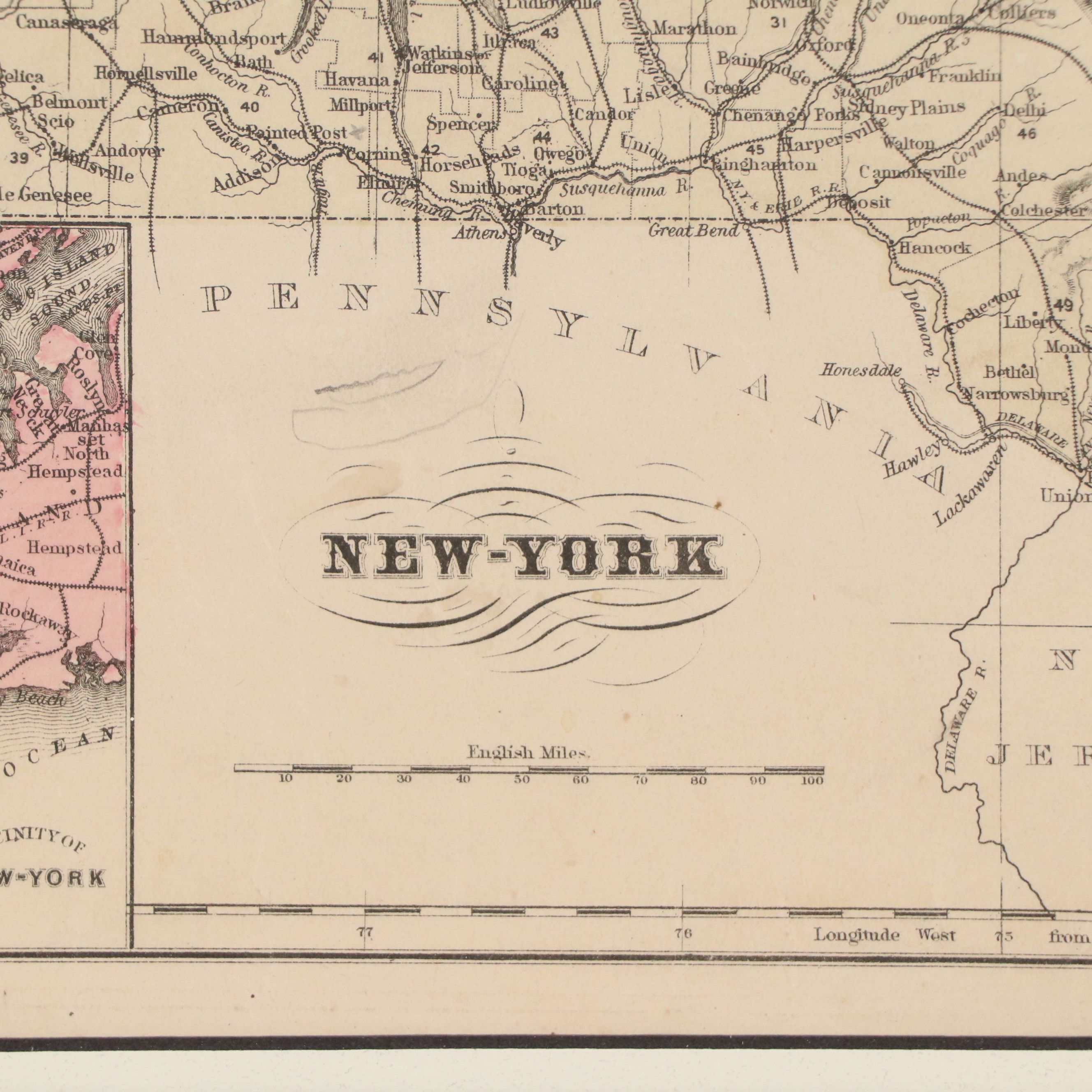 Francis Mcnally Hand-colored Lithograph Map "New York," 1869