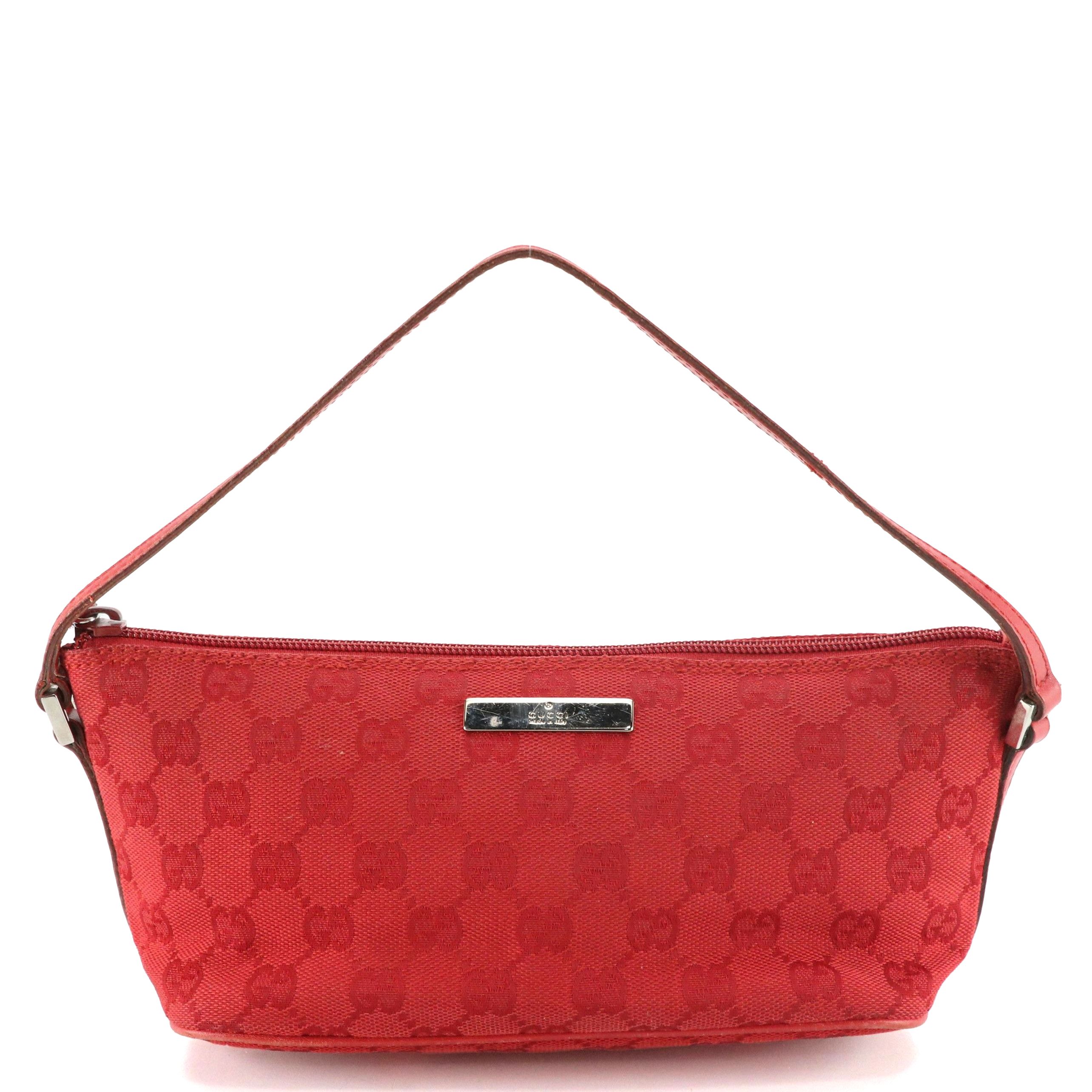 Gucci Boat Pochette in Red GG Canvas and Leather Trim