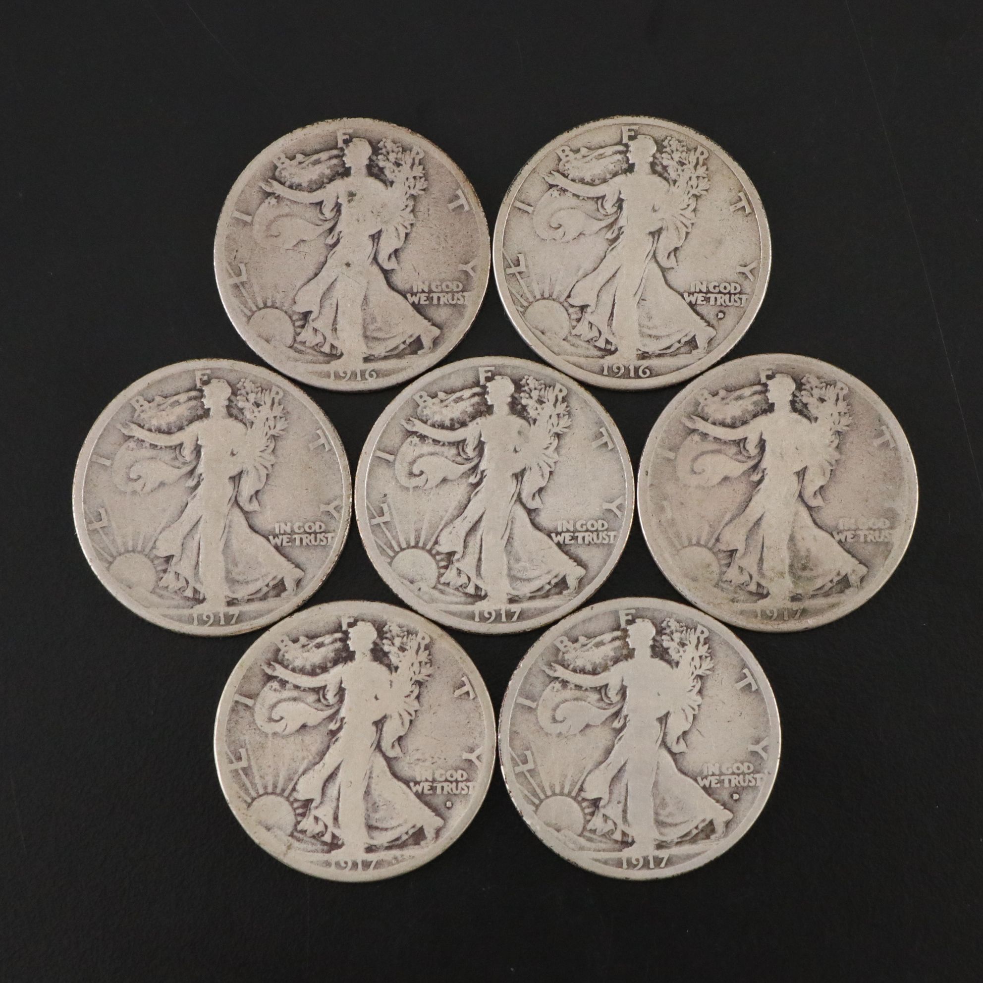 Seven Early Walking Liberty Silver Half Dollars, 1916-1917