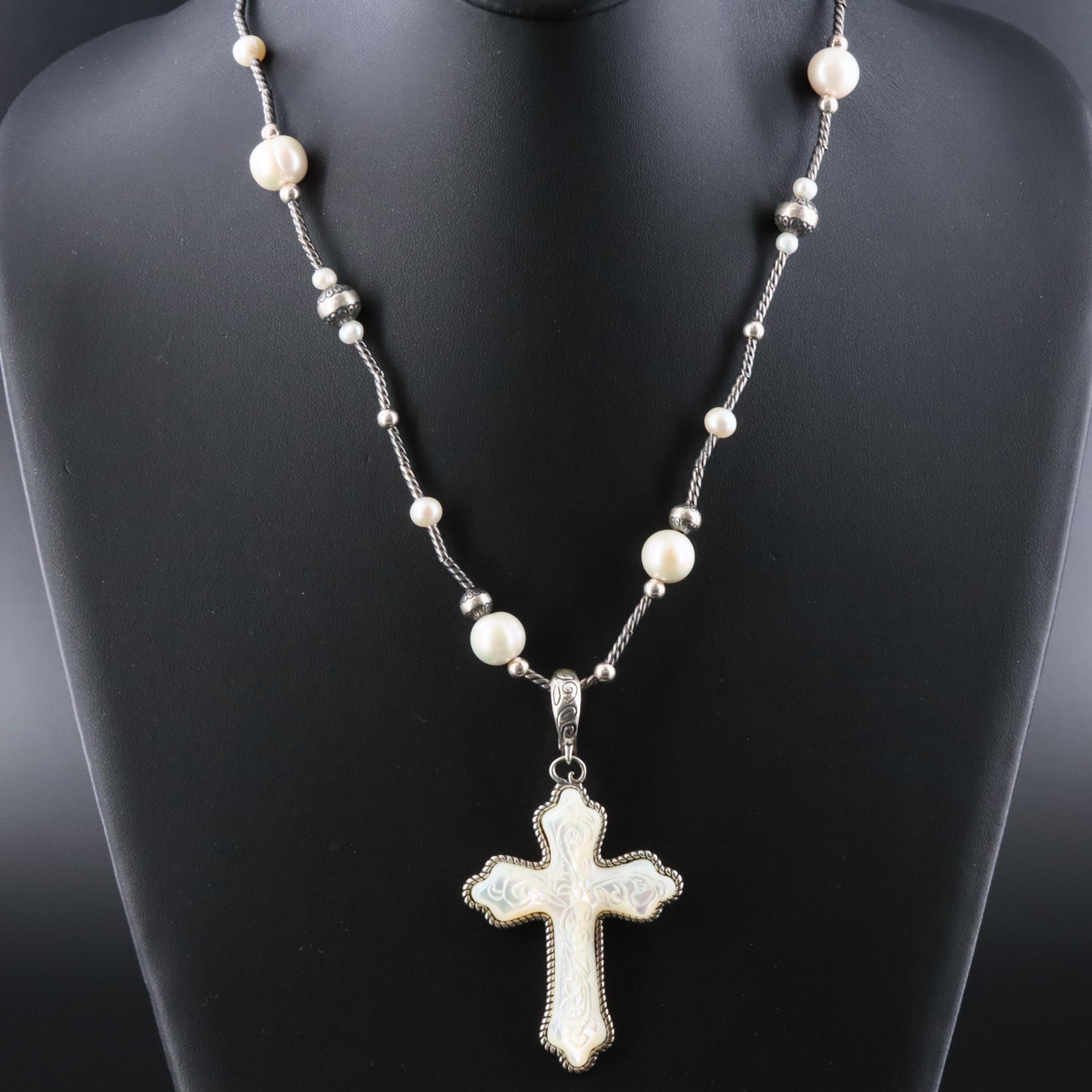 Carolyn Pollack for Relios Sterling Carved Mother-of-Pearl Cross Necklace