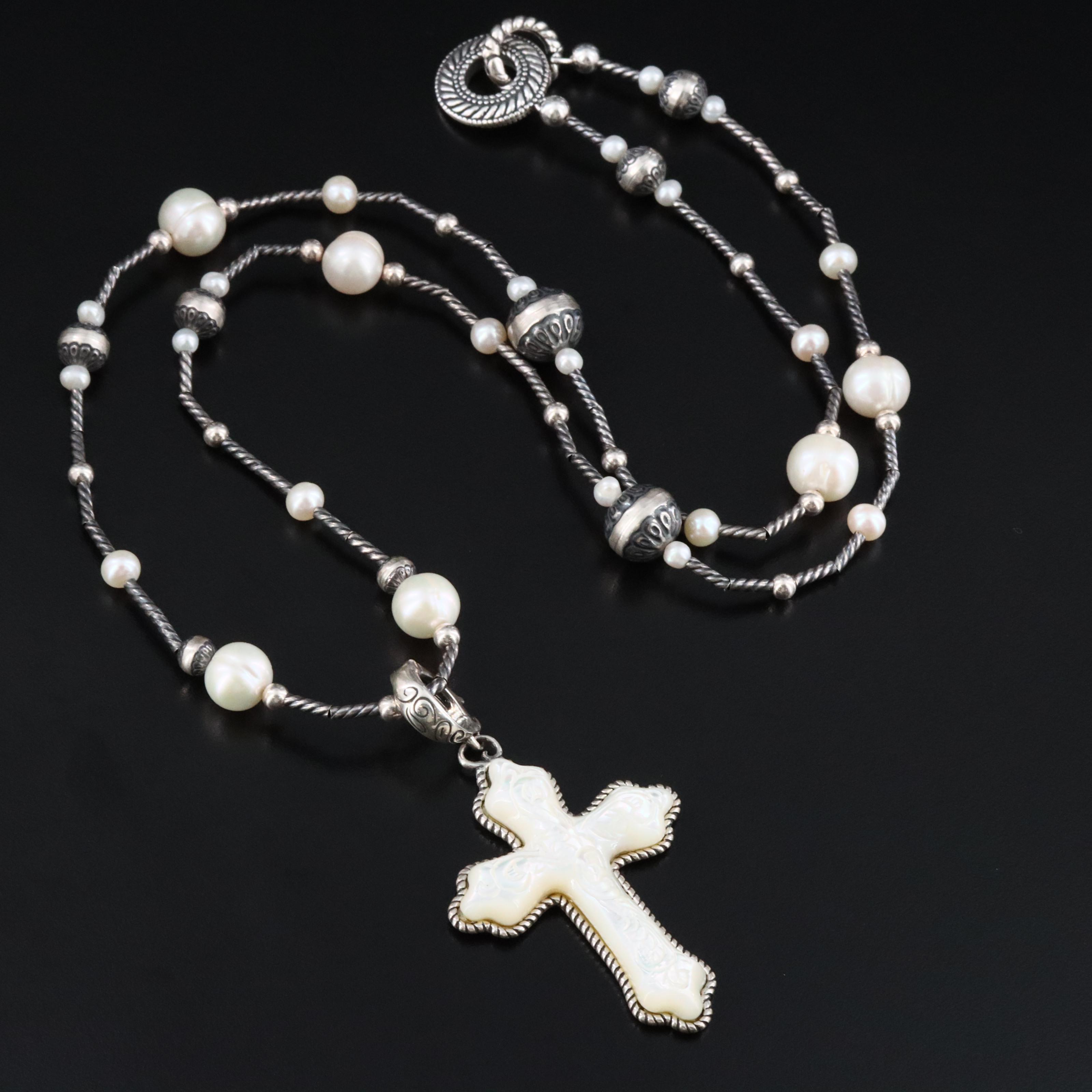 Carolyn Pollack for Relios Sterling Carved Mother-of-Pearl Cross Necklace