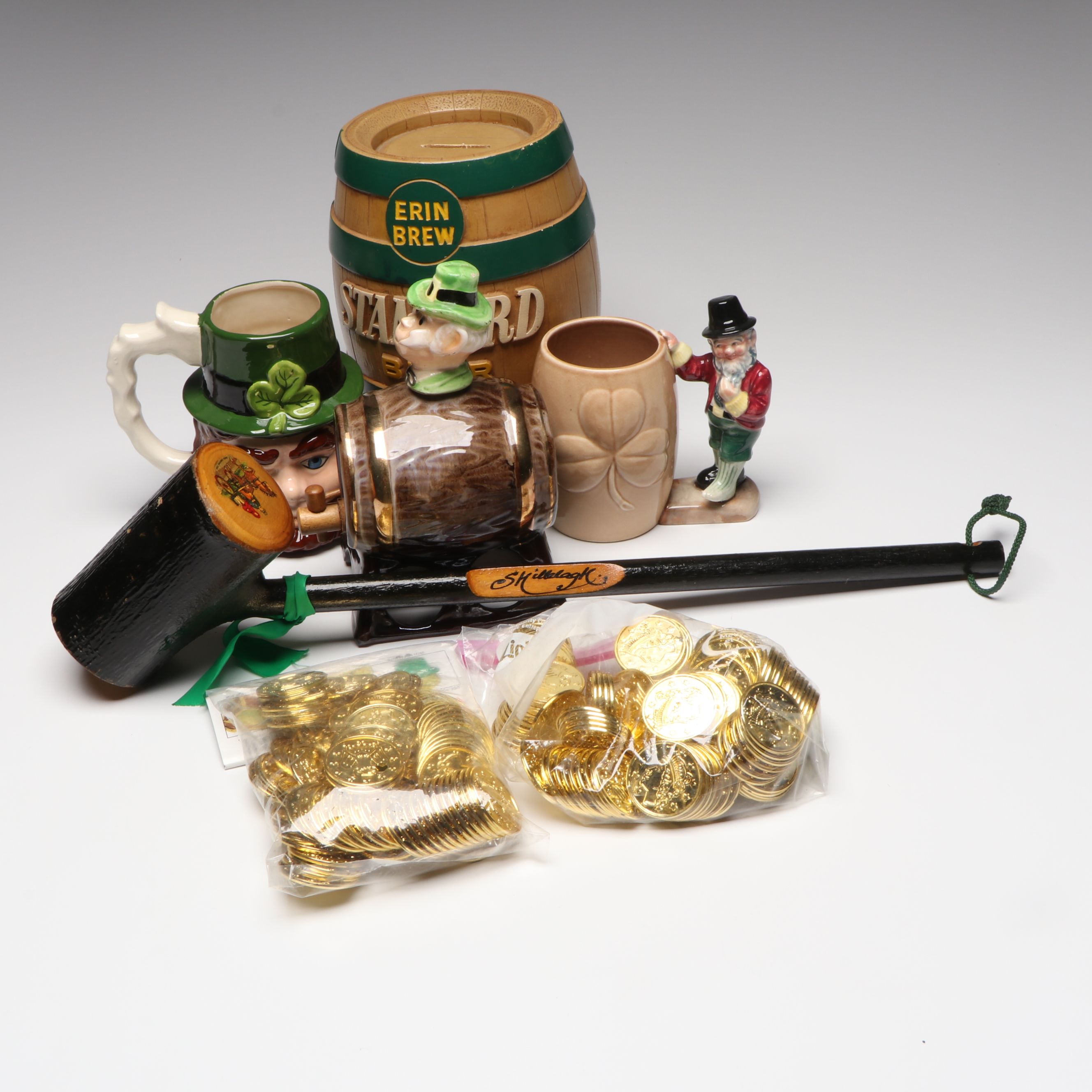 Irish Wooden Shillelagh with Ceramic Steins, Keg, More St. Patrick's Day Décor