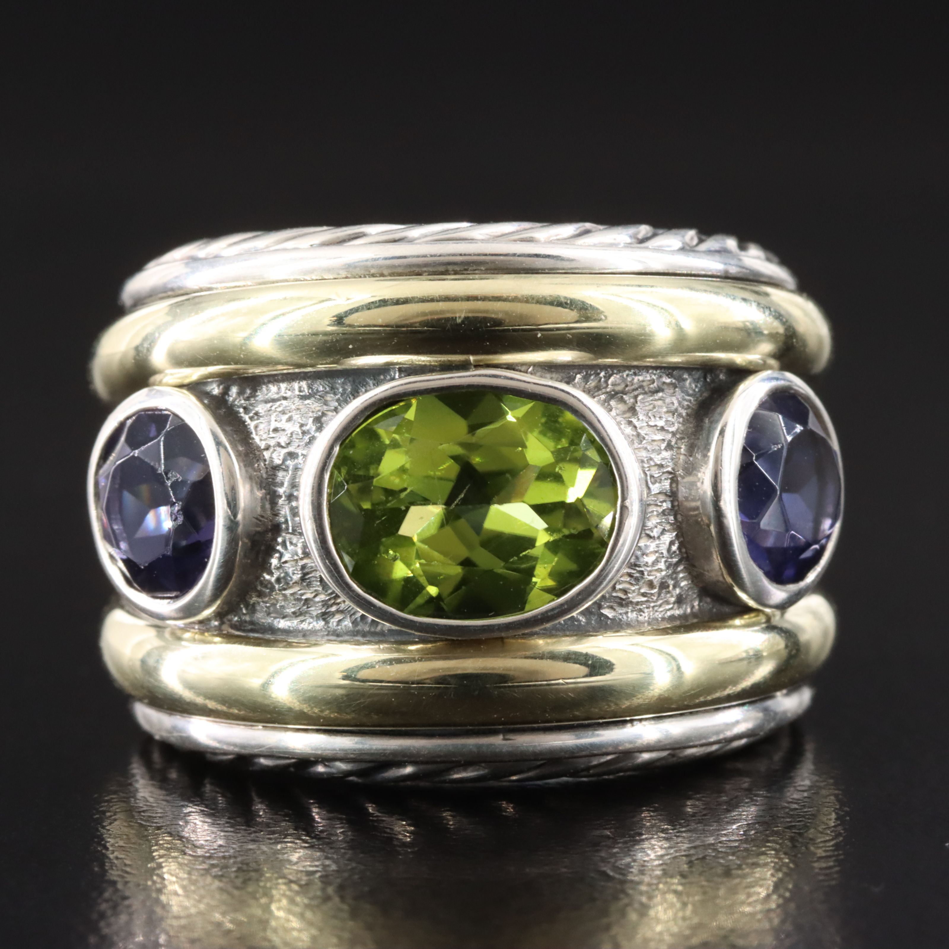 David Yurman Renaissance Sterling Peridot and Iolite Ring with 14K Accents