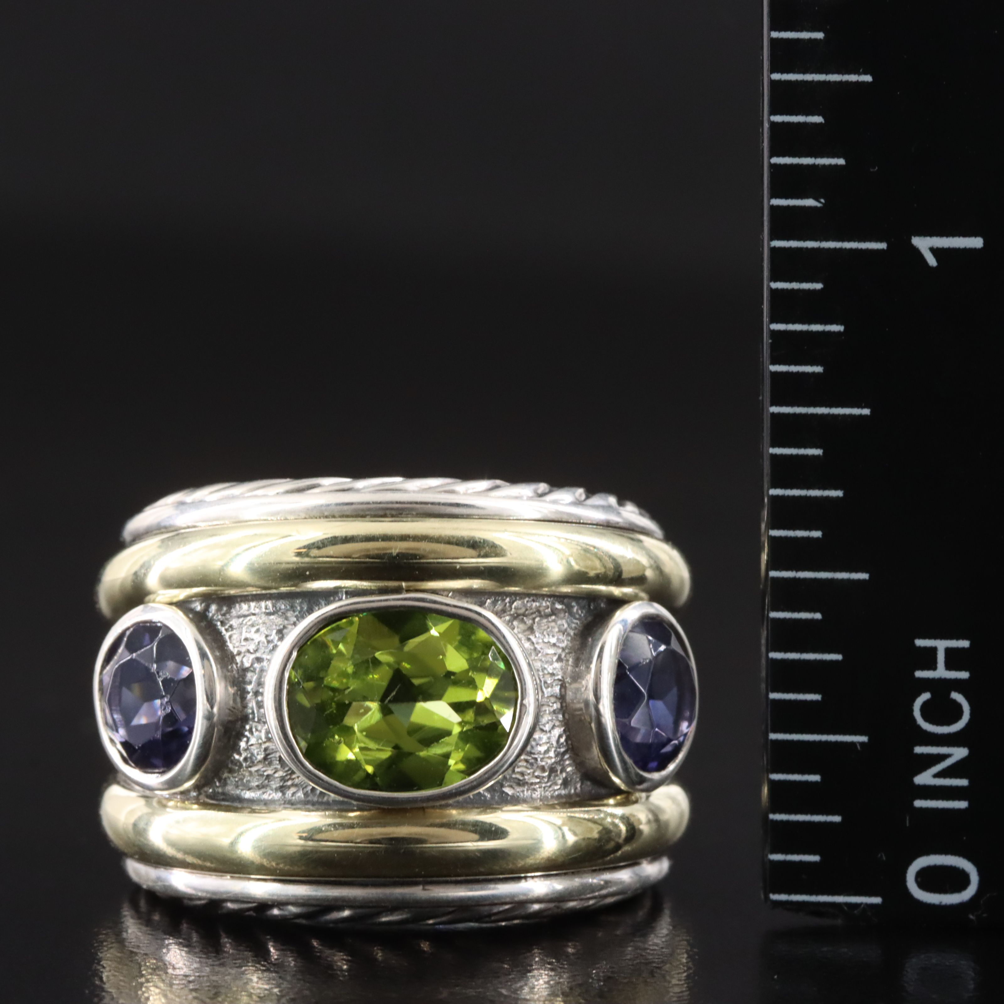 David Yurman Renaissance Sterling Peridot and Iolite Ring with 14K Accents