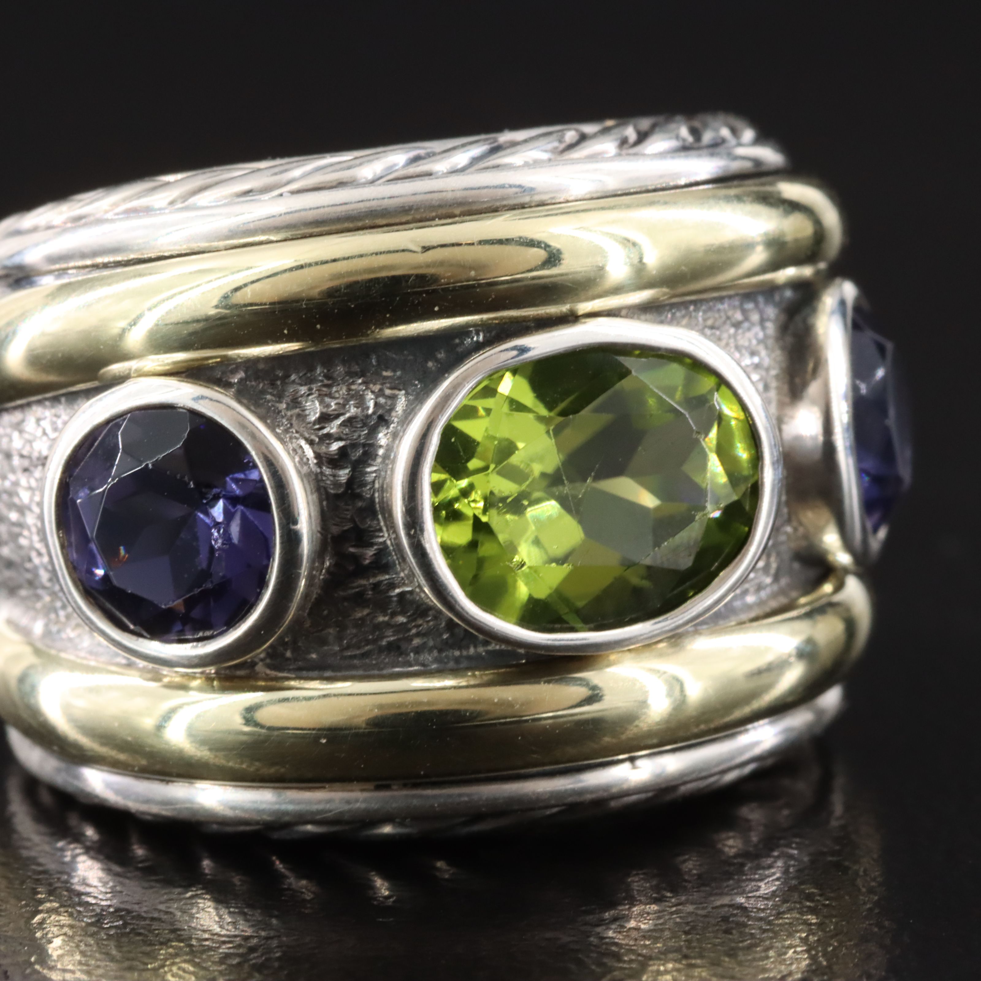 David Yurman Renaissance Sterling Peridot and Iolite Ring with 14K Accents