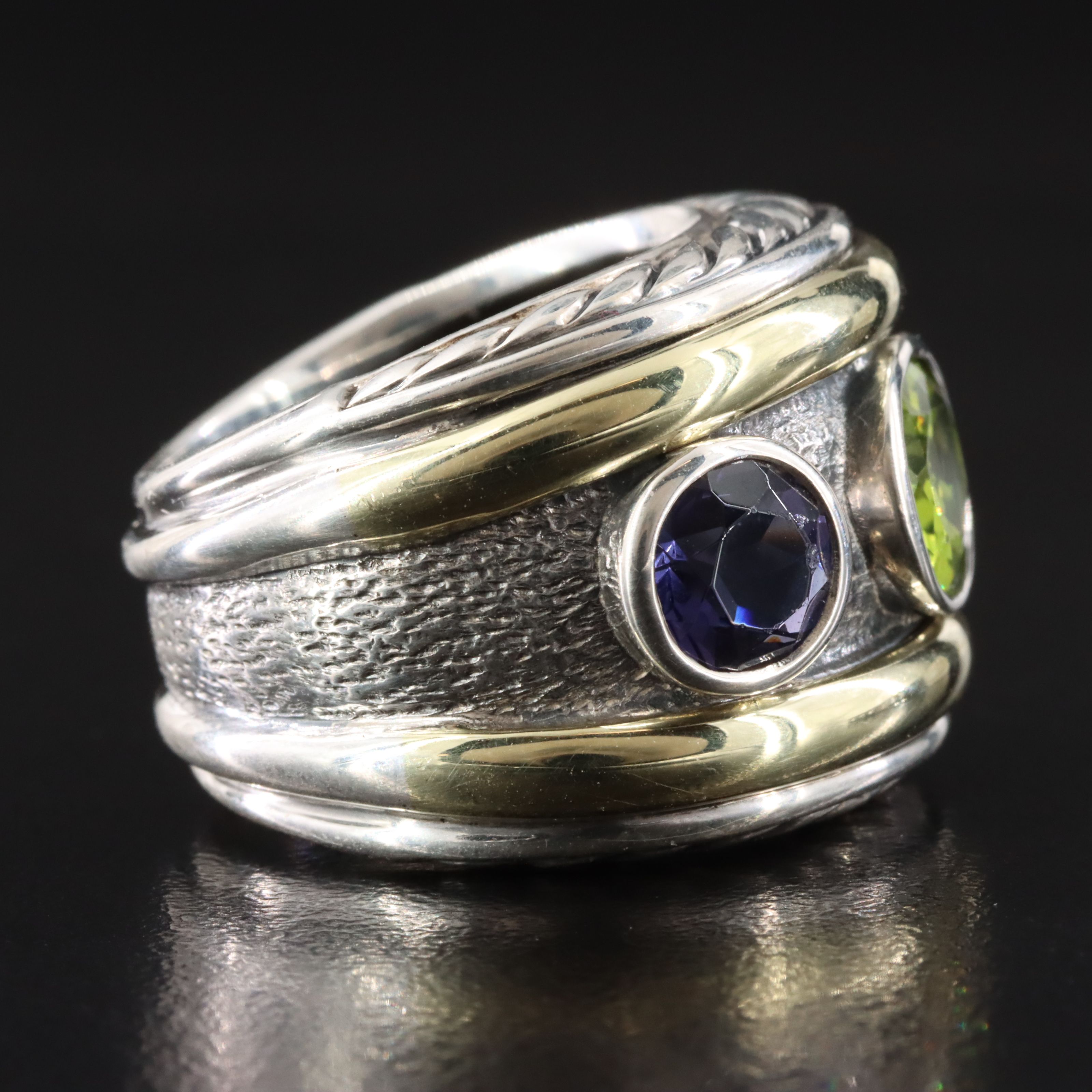 David Yurman Renaissance Sterling Peridot and Iolite Ring with 14K Accents