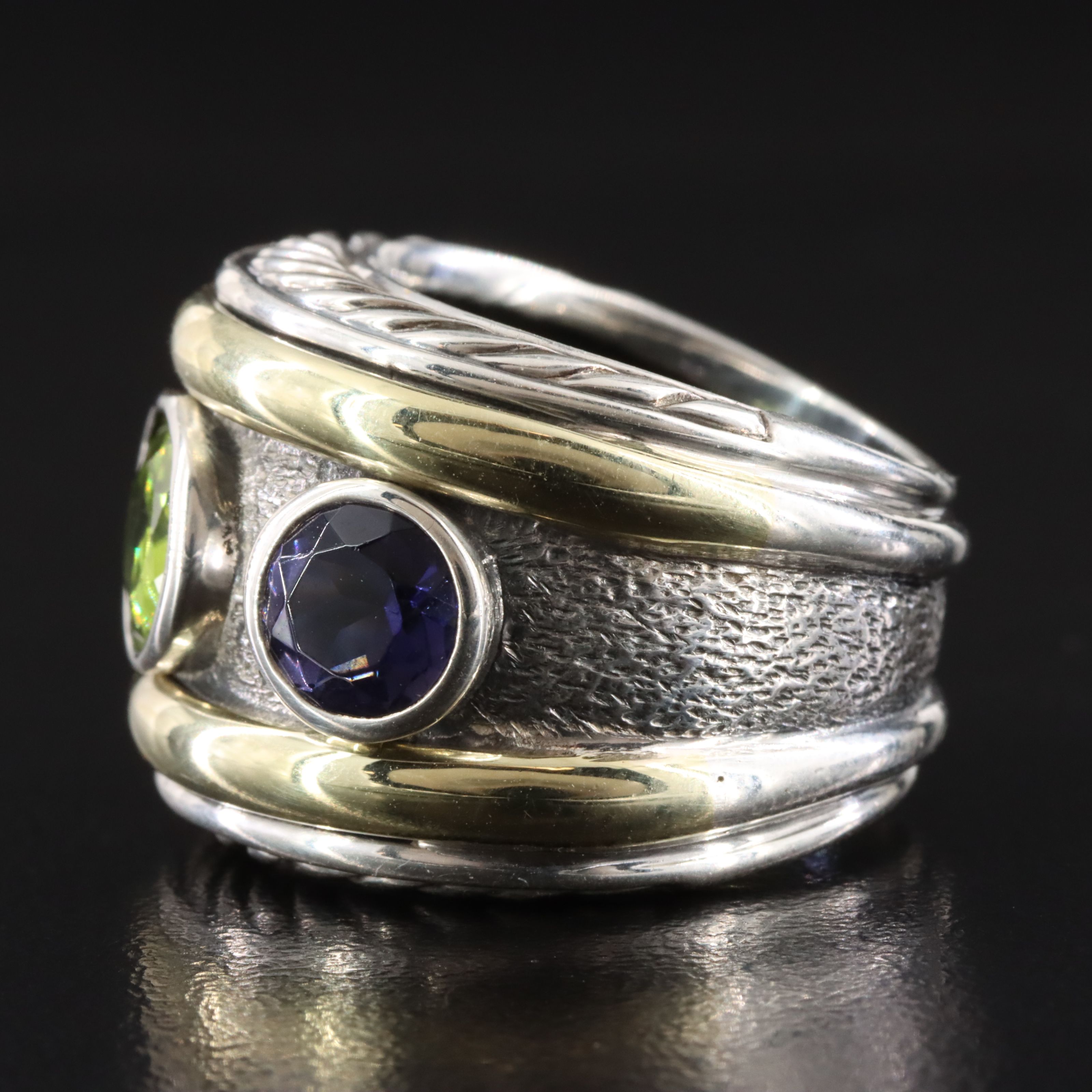David Yurman Renaissance Sterling Peridot and Iolite Ring with 14K Accents