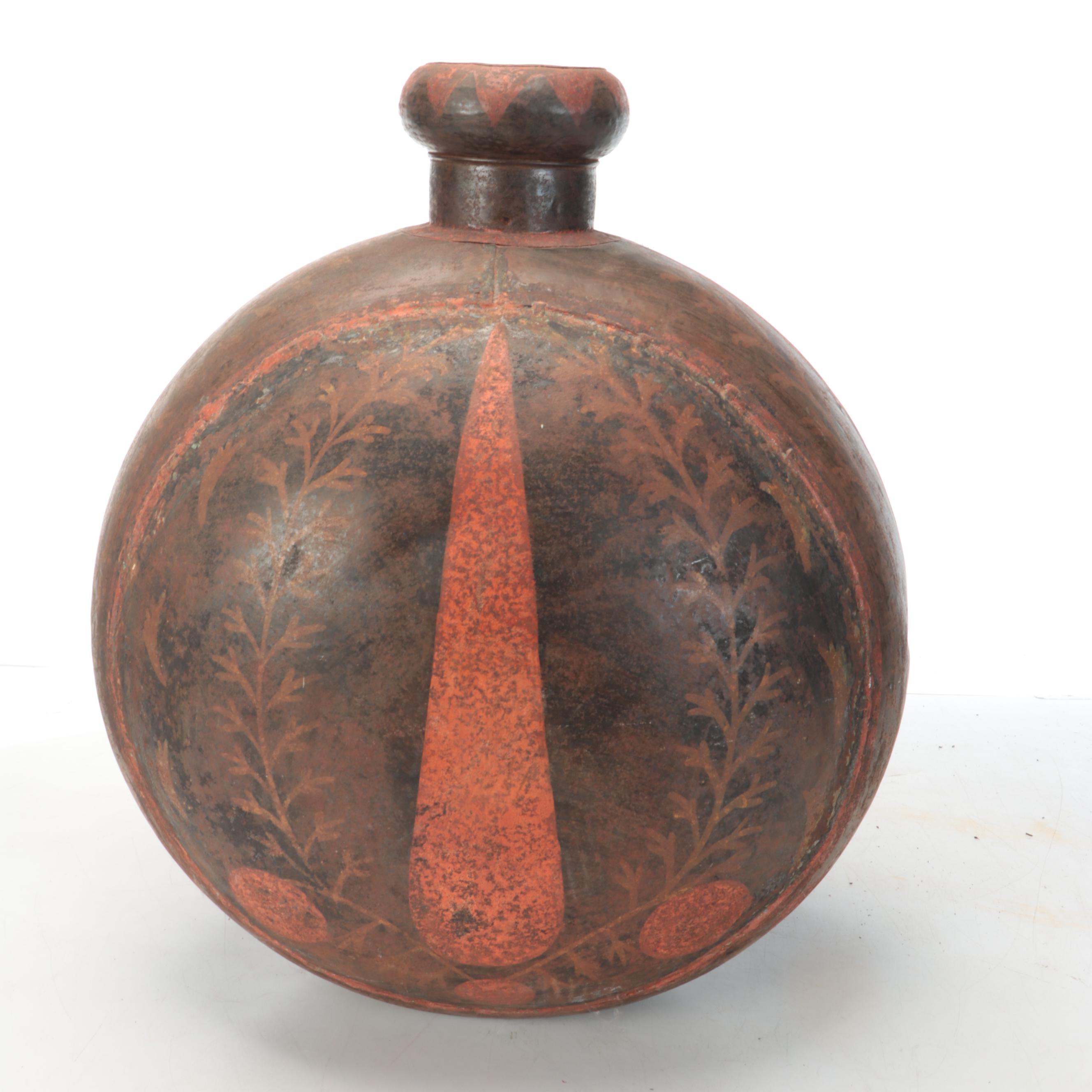 Folk Art Style Paint Decorated Ceramic and Metal Water Flask