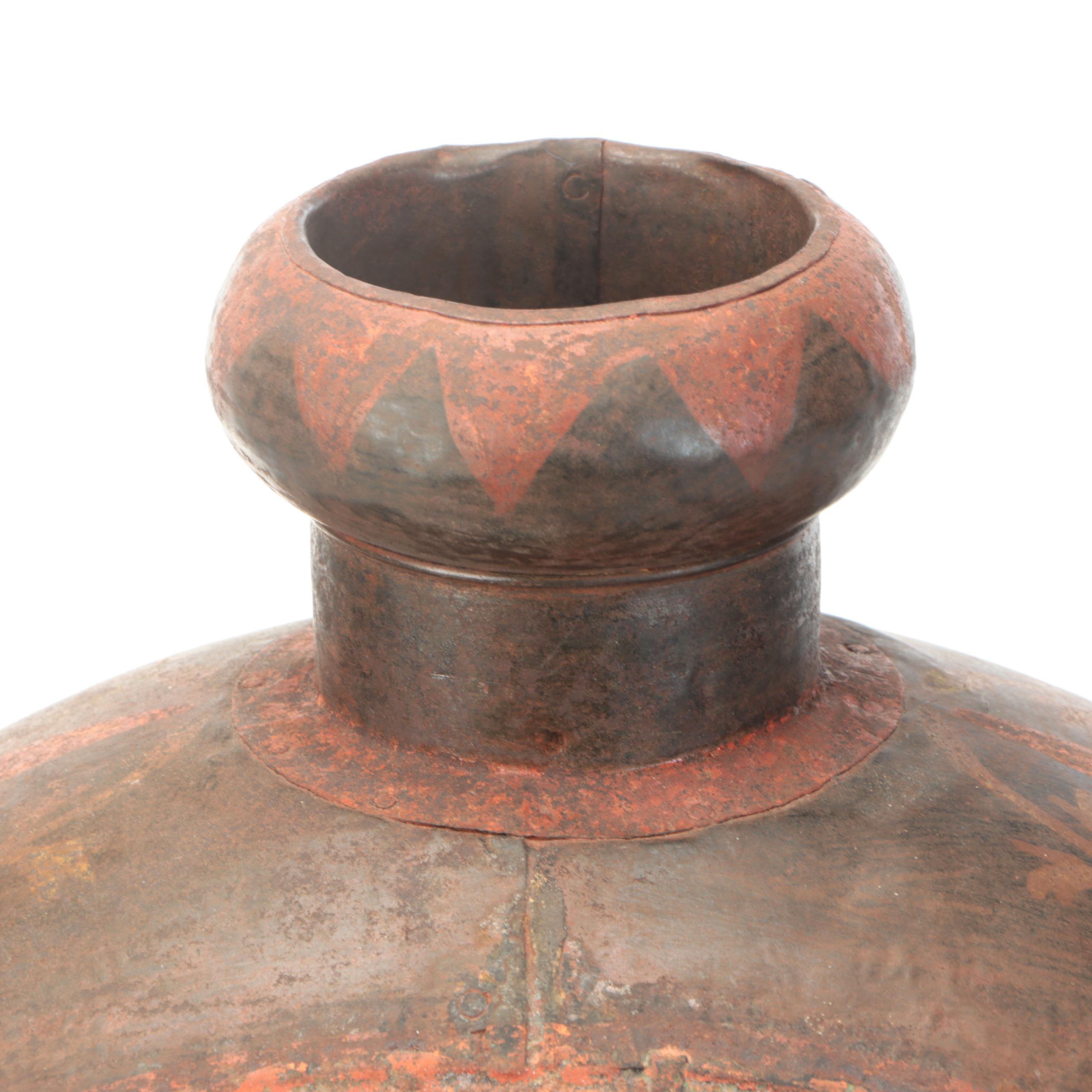 Folk Art Style Paint Decorated Ceramic and Metal Water Flask