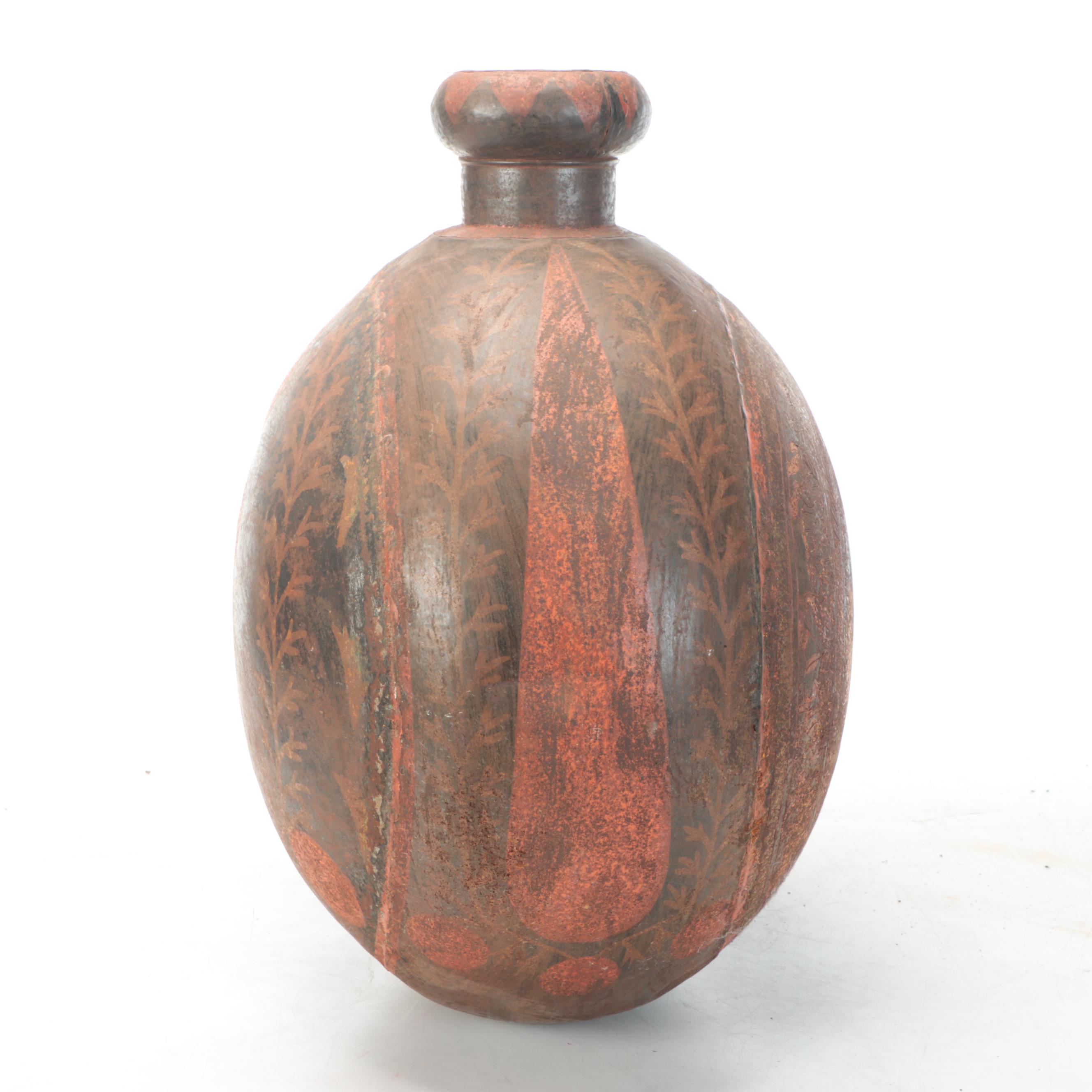 Folk Art Style Paint Decorated Ceramic and Metal Water Flask