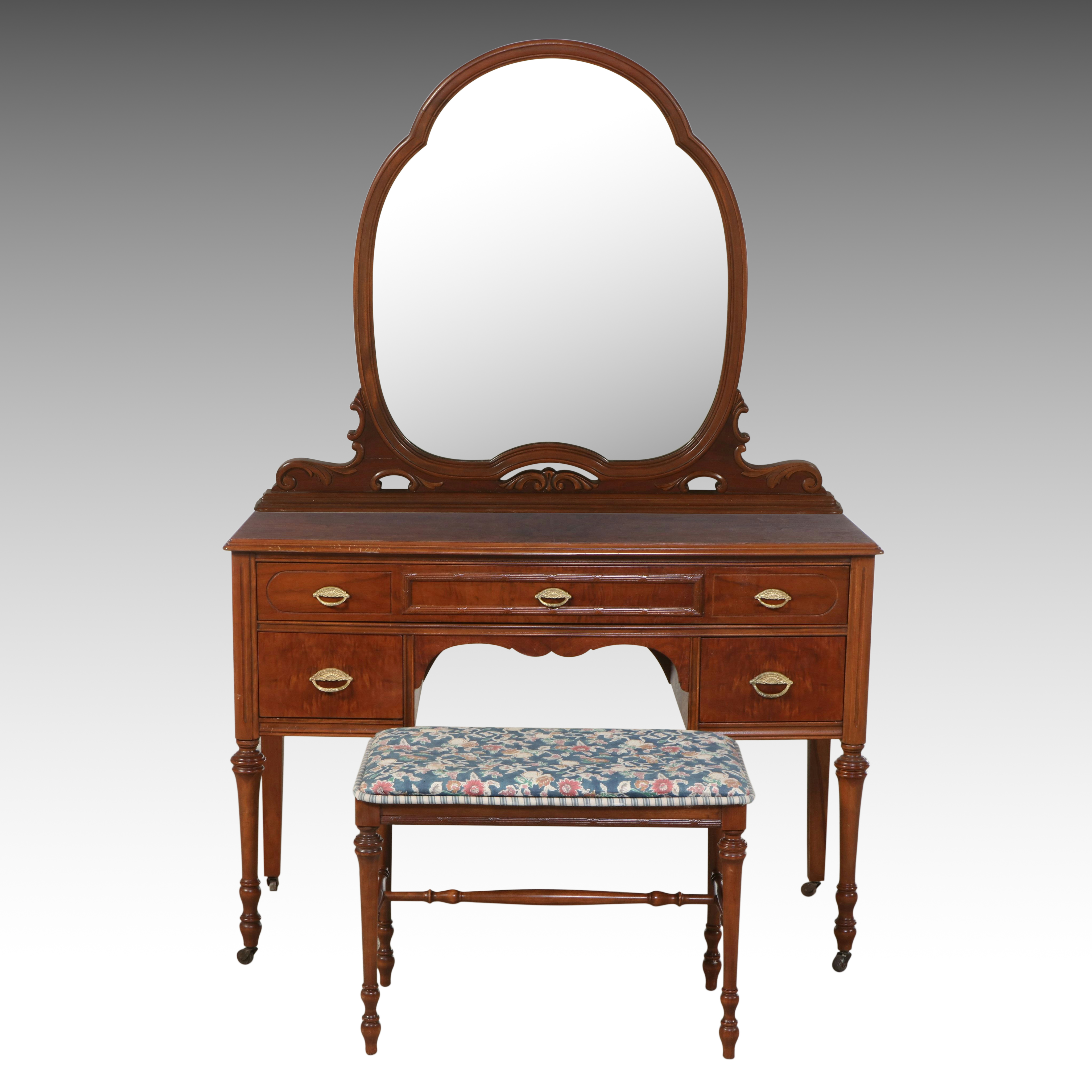 Federal Style Mahogany Finish Dressing Table and Wall Mirror, Mid-20th Century
