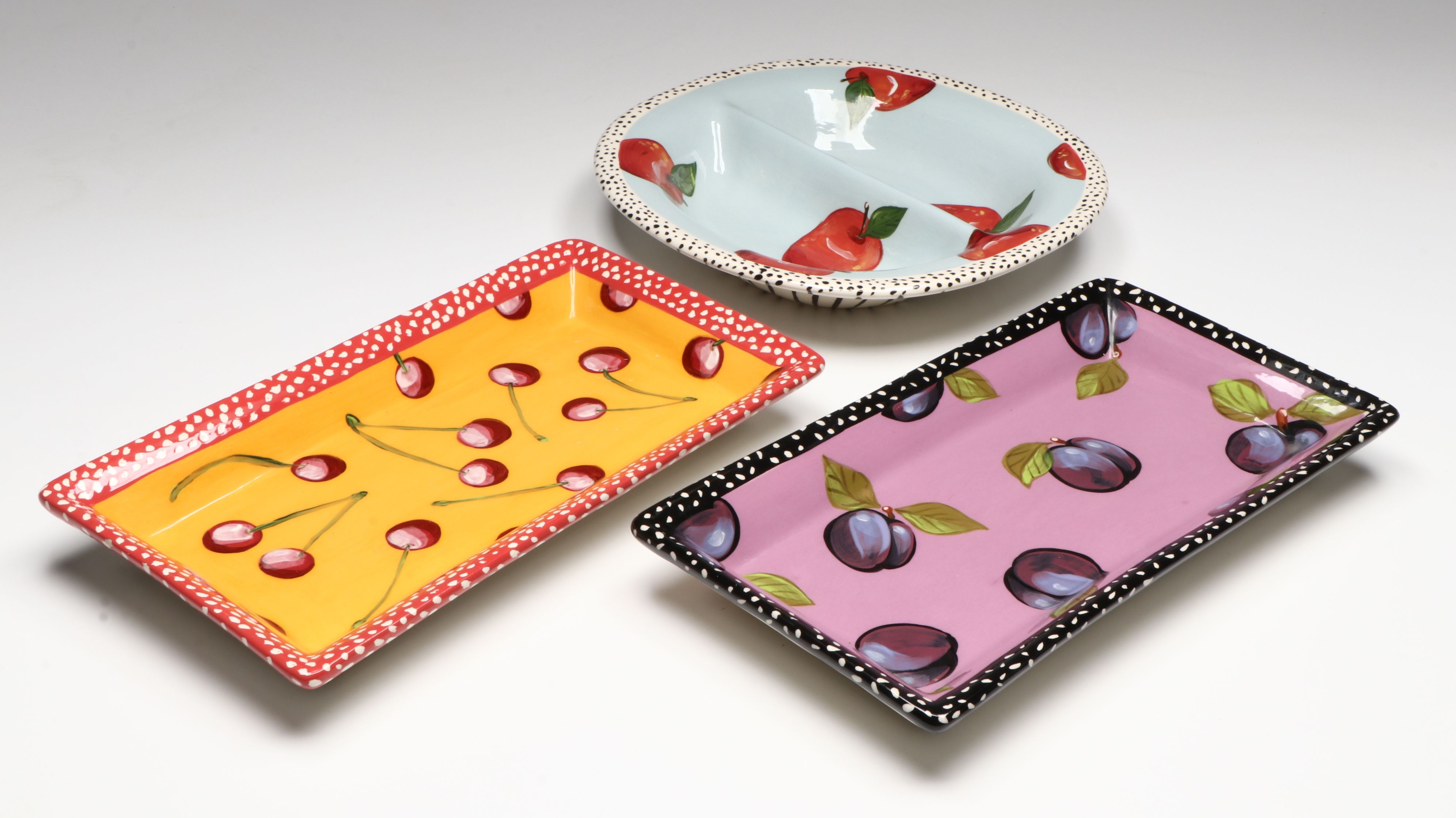 Droll Designs Hand-Painted Fruit Motif Serving Bowls