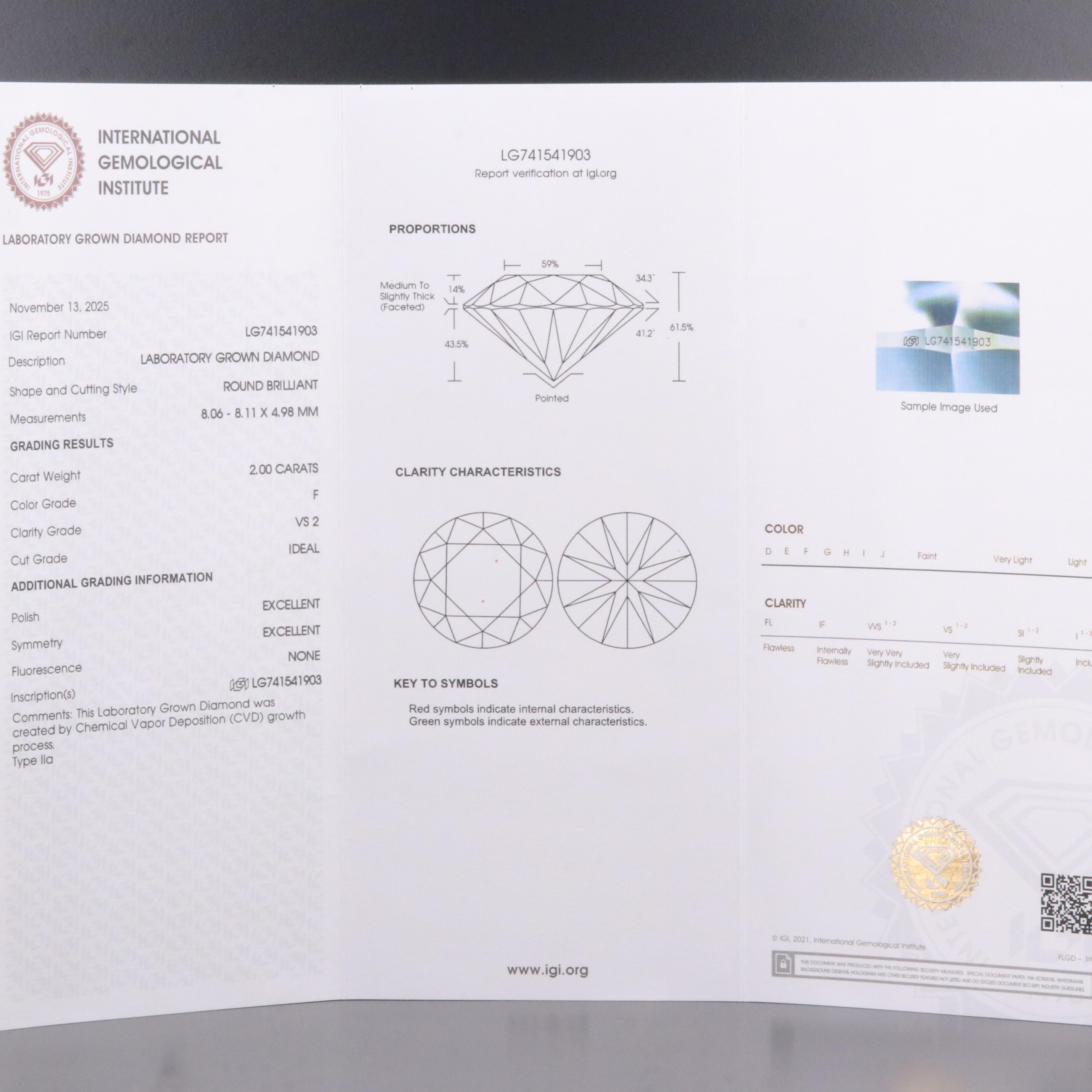 14K 2.00 CT Lab Grown Diamond Solitaire Pendant with IGI Report