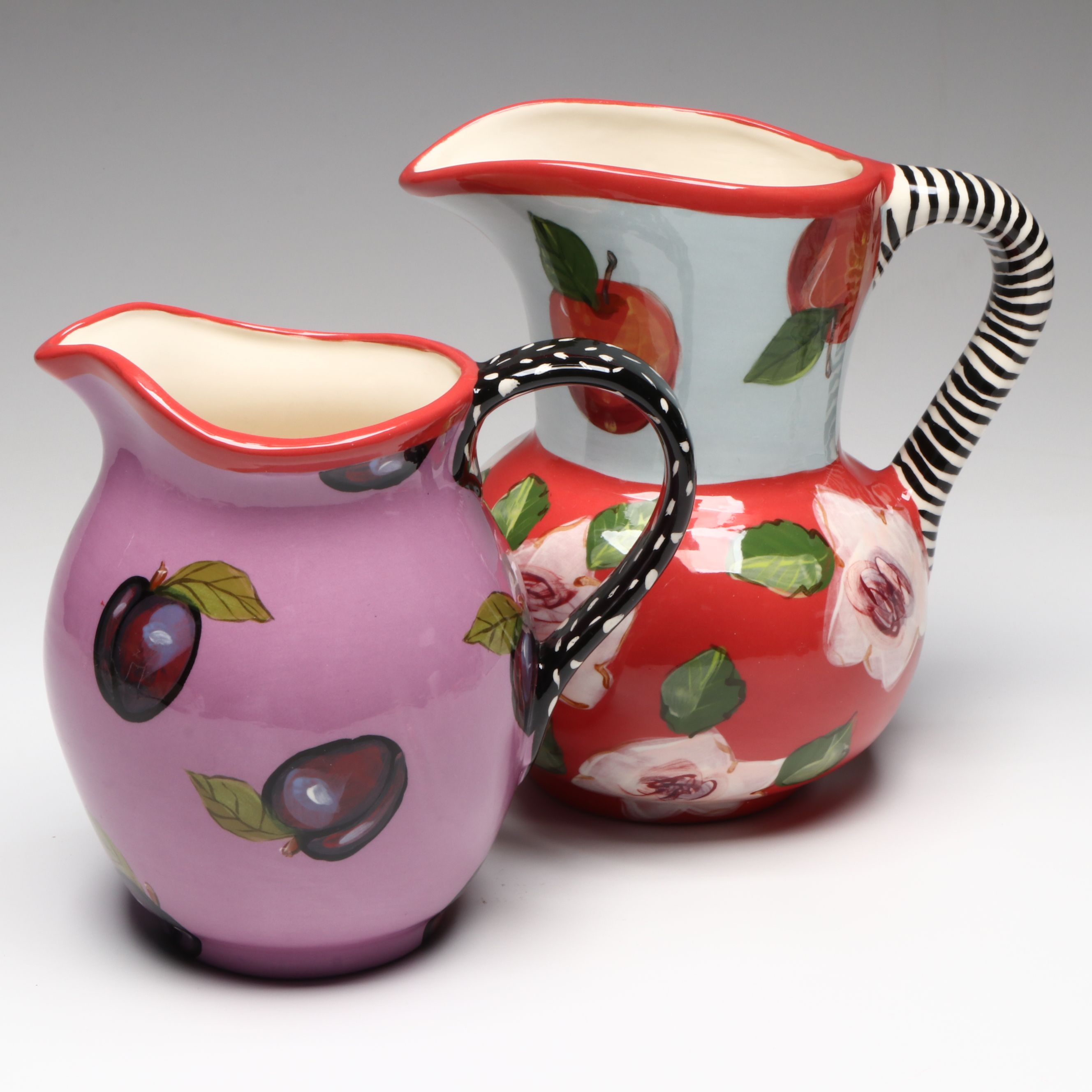 Droll Designs Hand-Painted Fruit and Flower Motif Pitchers