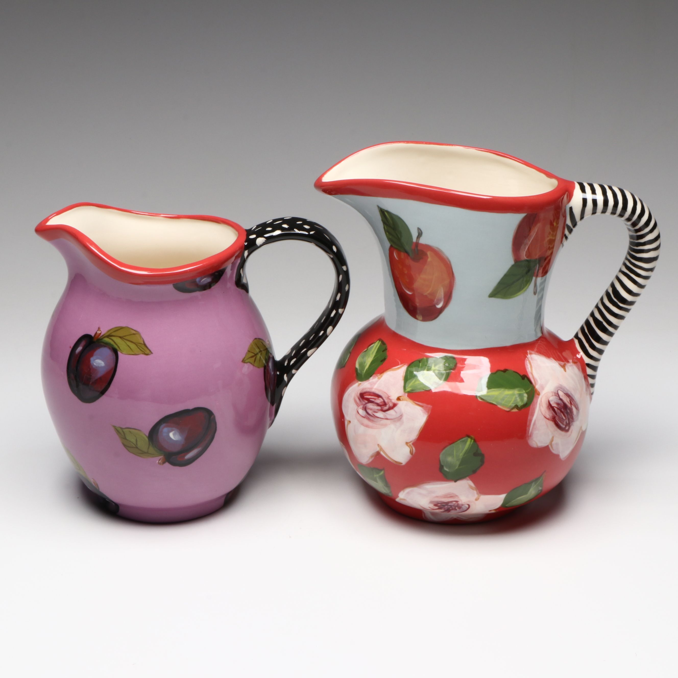 Droll Designs Hand-Painted Fruit and Flower Motif Pitchers