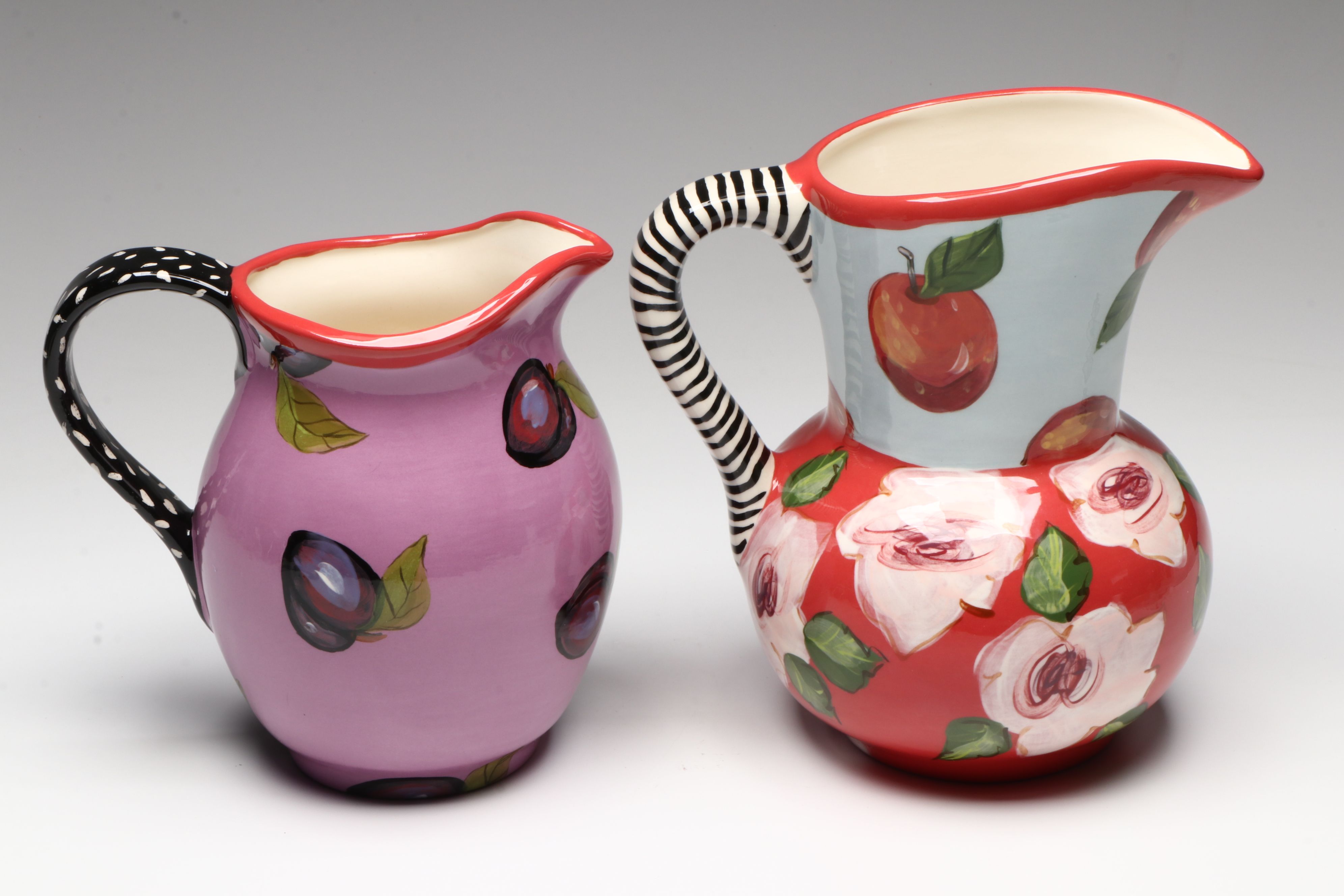 Droll Designs Hand-Painted Fruit and Flower Motif Pitchers