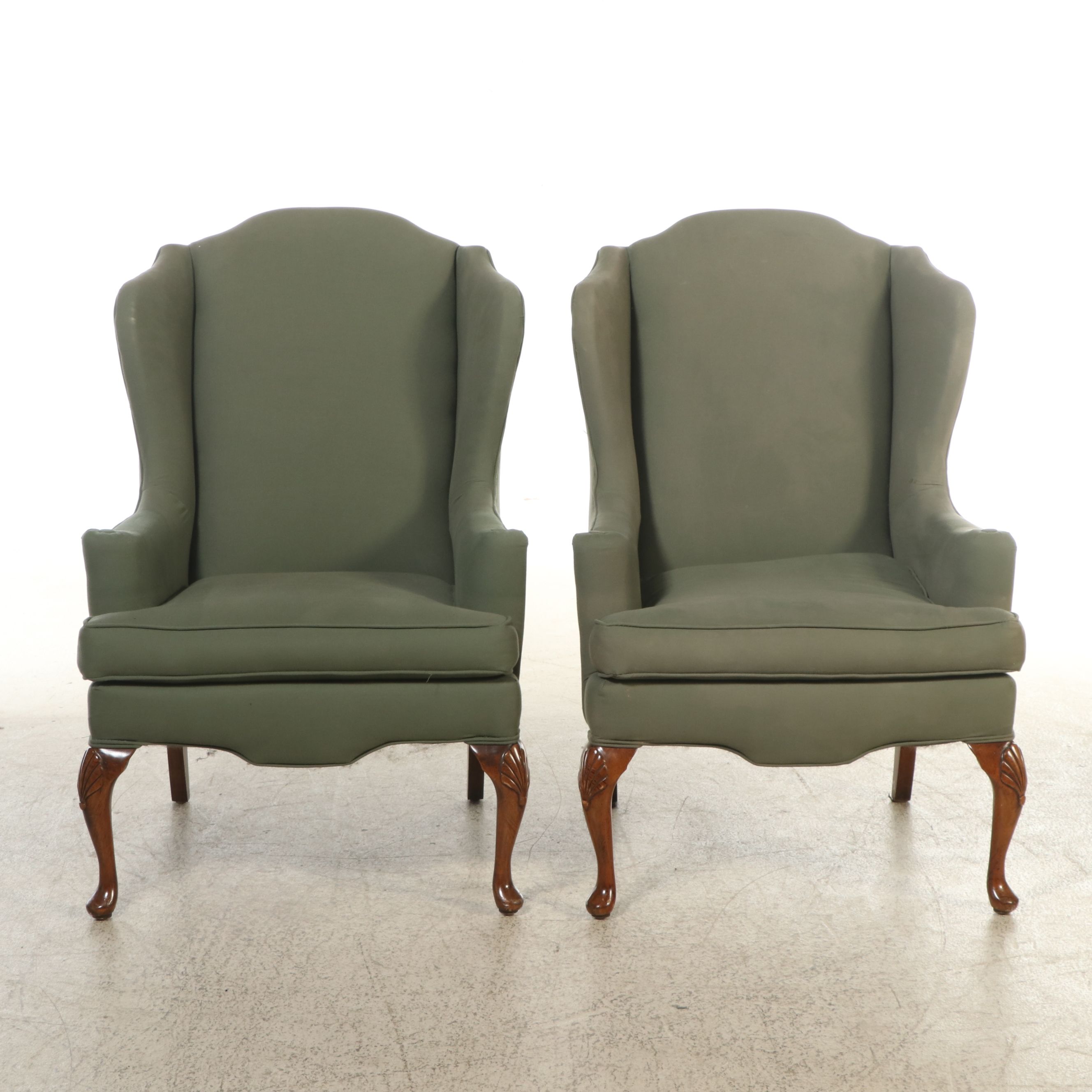 Pair of Queen Anne Style Green Fabric Upholstered Wingback Armchairs