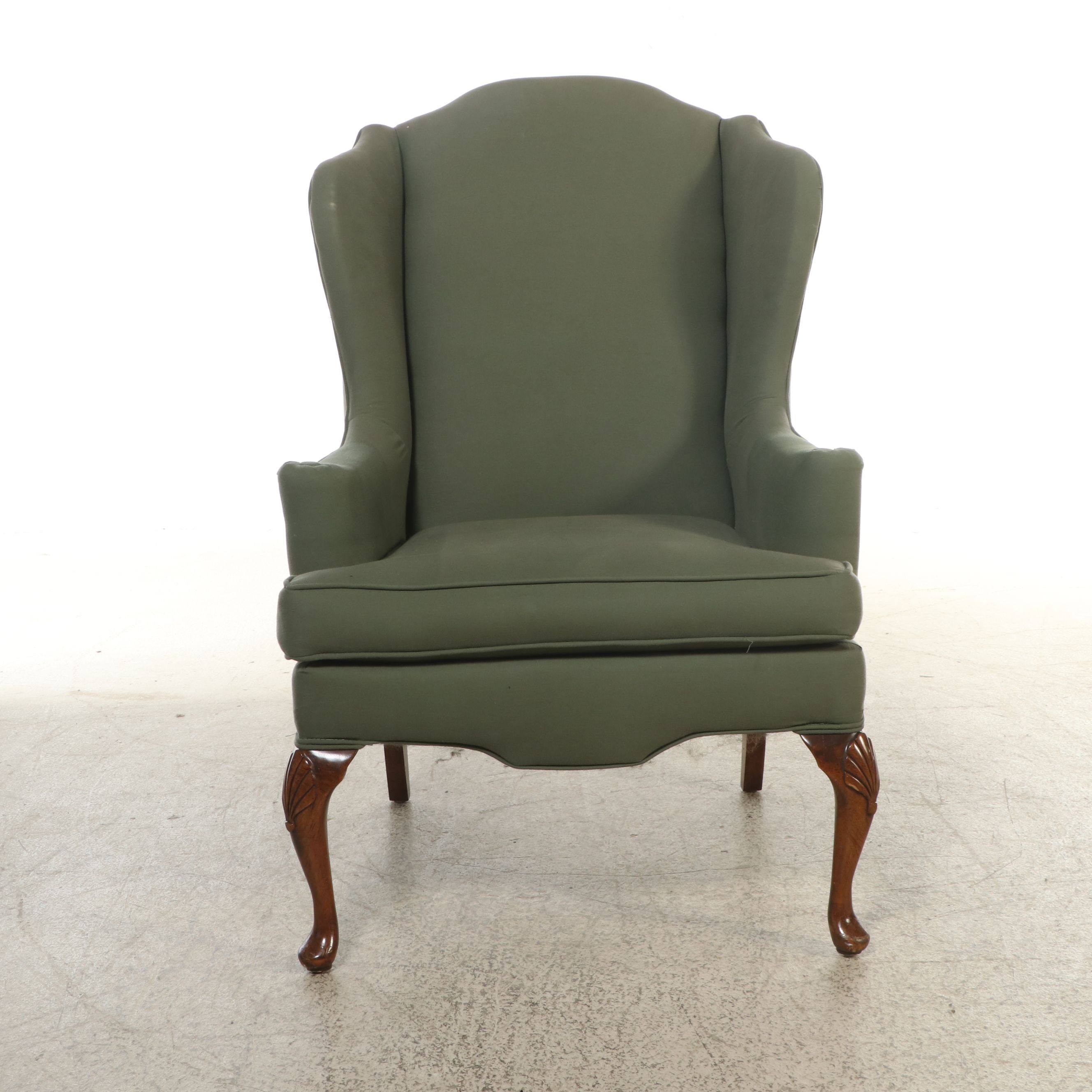 Pair of Queen Anne Style Green Fabric Upholstered Wingback Armchairs