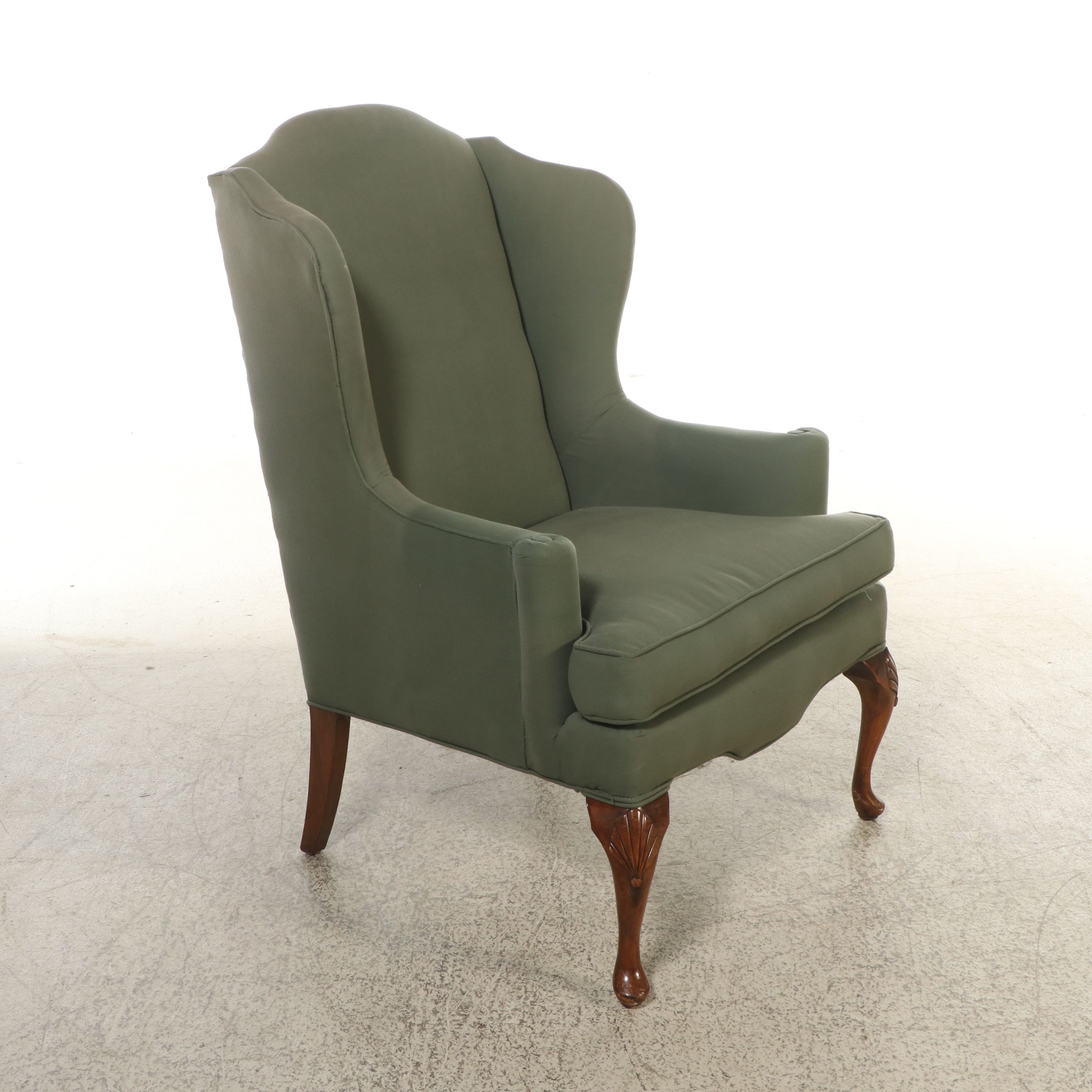 Pair of Queen Anne Style Green Fabric Upholstered Wingback Armchairs