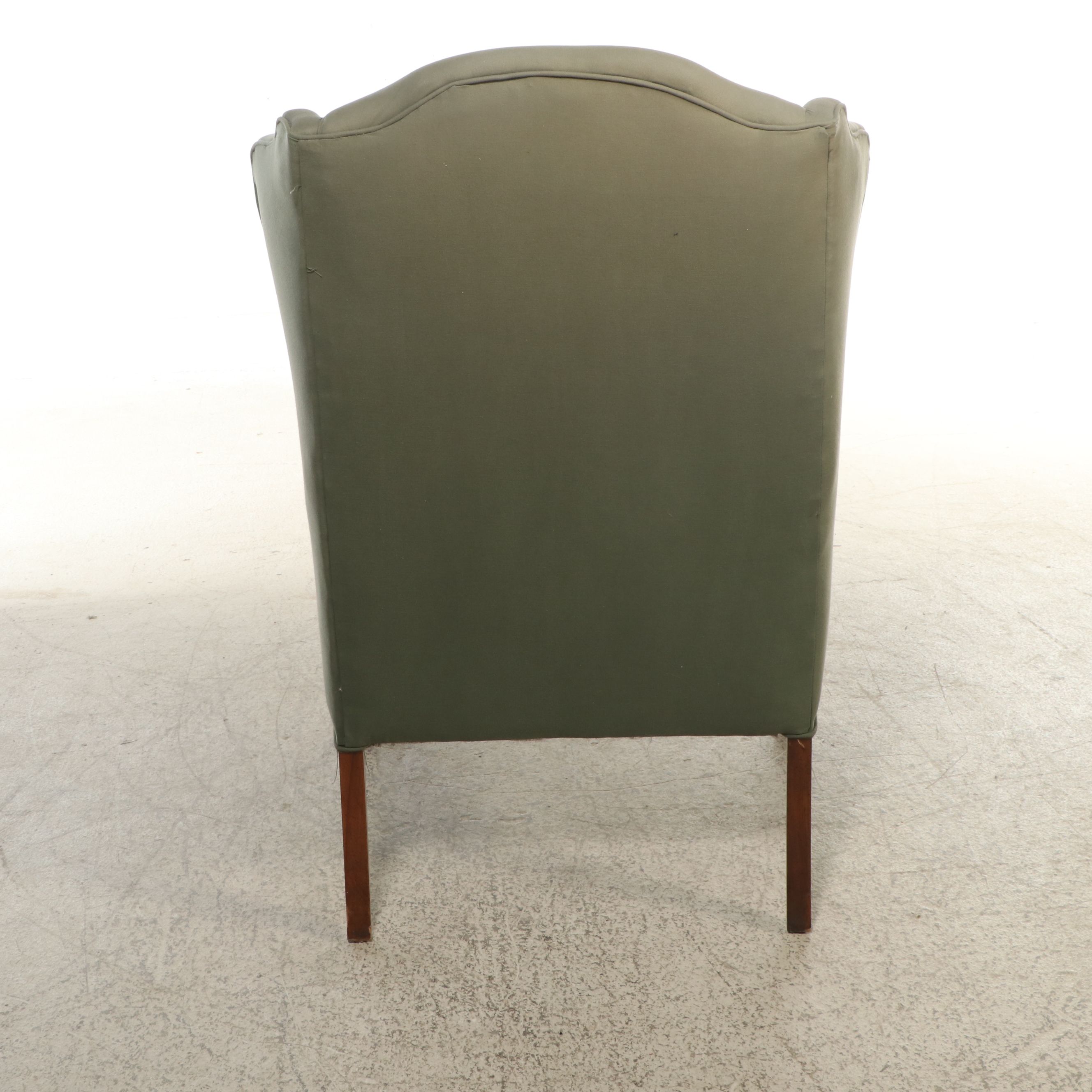 Pair of Queen Anne Style Green Fabric Upholstered Wingback Armchairs