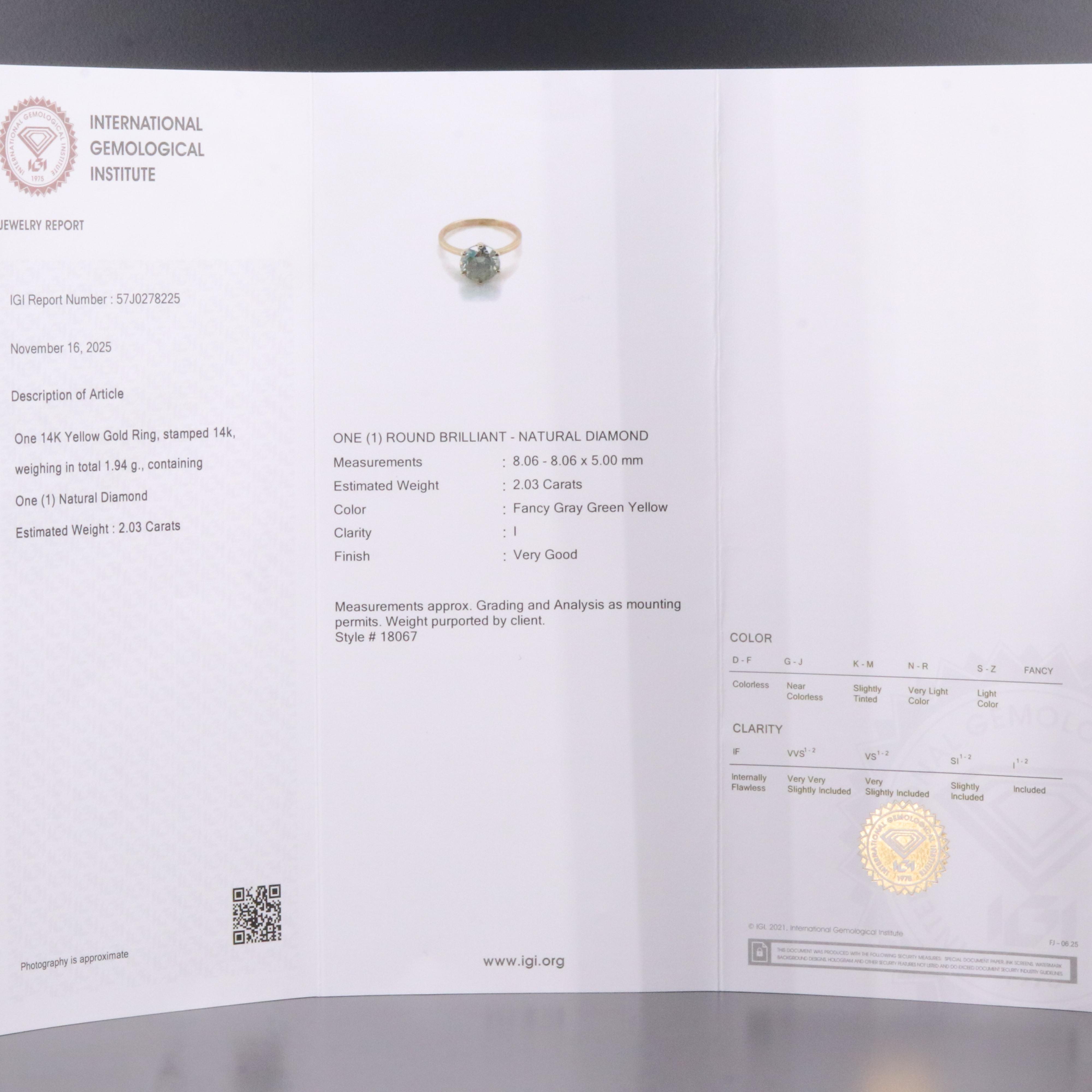 14K 2.03 CT Fancy Diamond Solitaire Ring with IGI Report