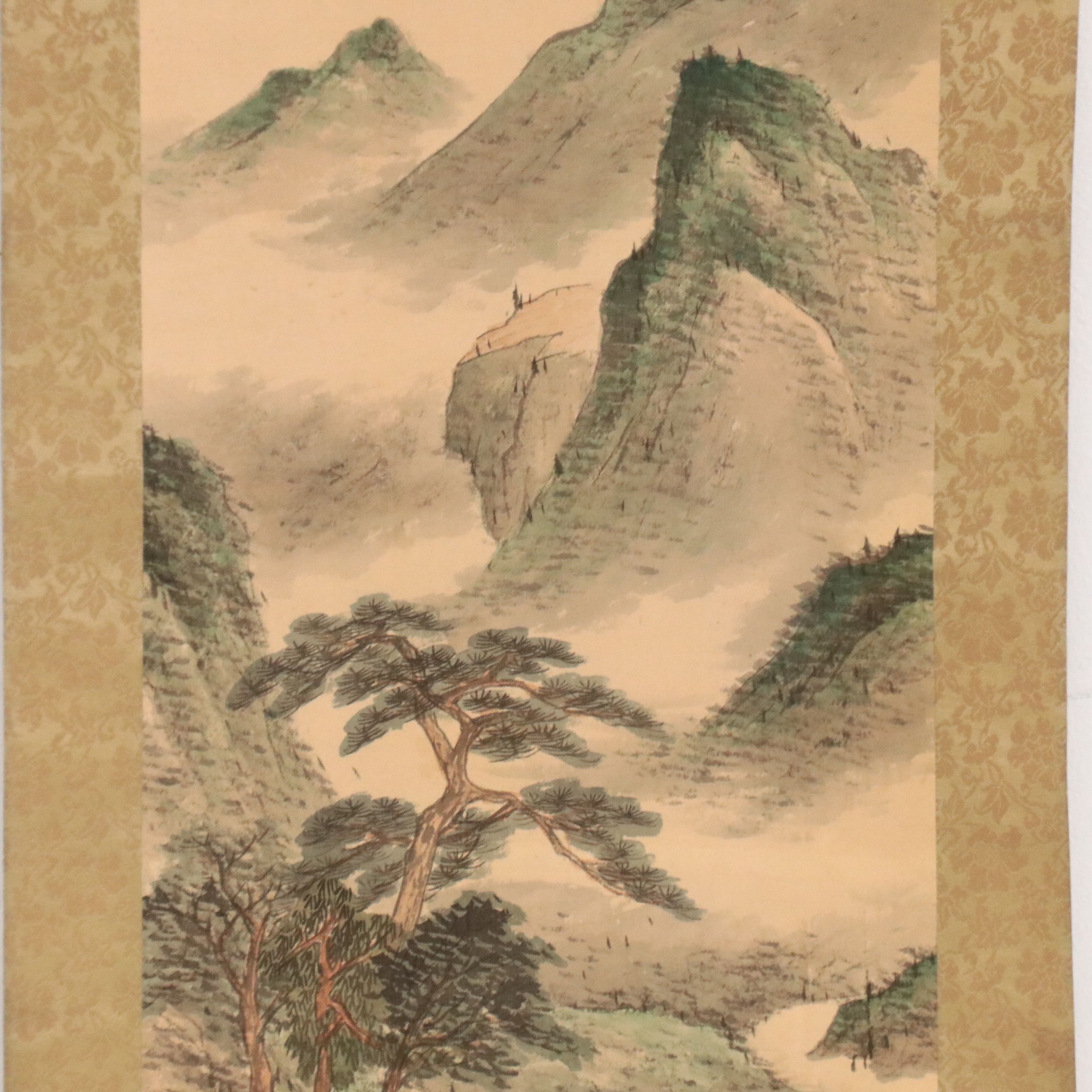 Japanese Watercolor Sansui Landscape Scroll, Late 19th Century