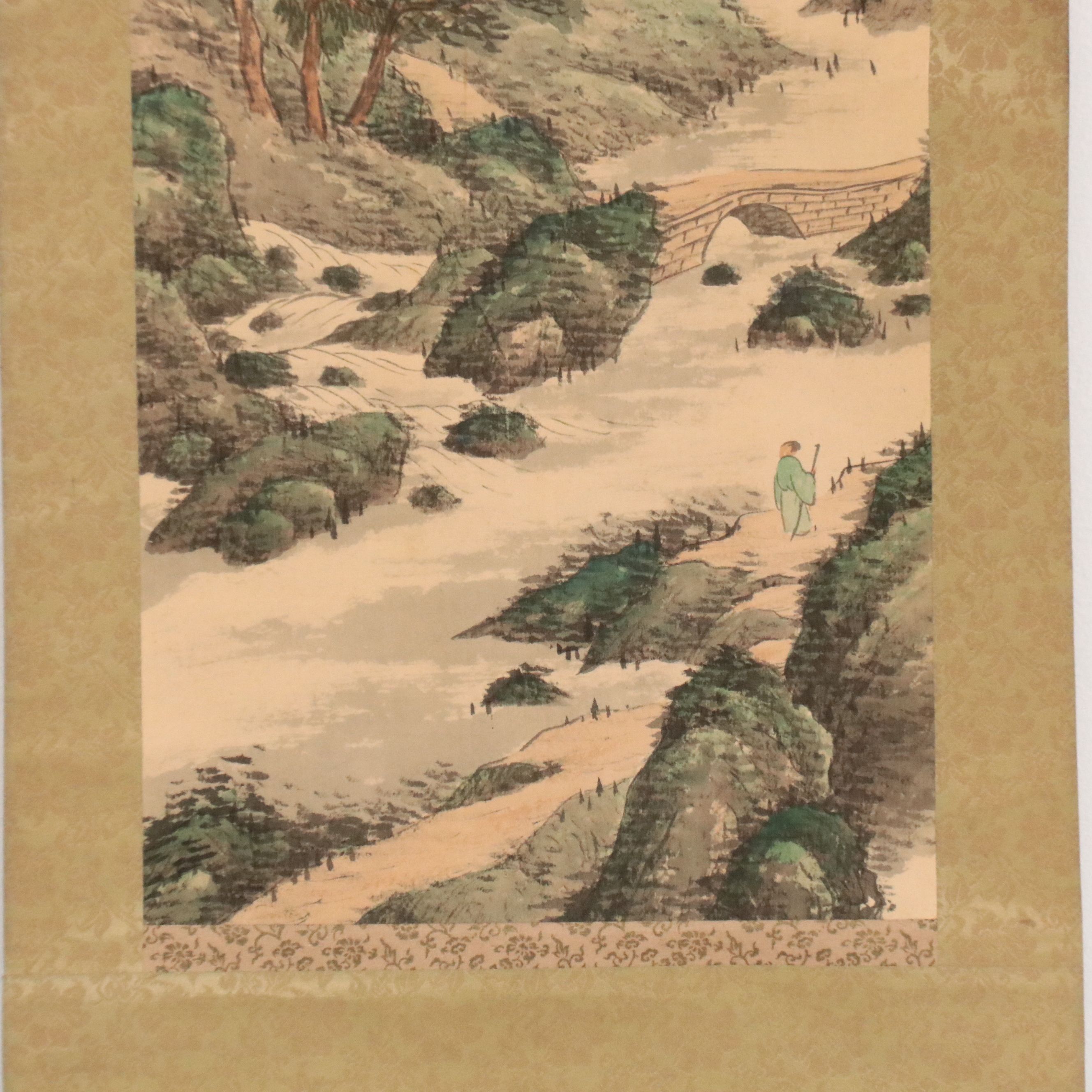 Japanese Watercolor Sansui Landscape Scroll, Late 19th Century