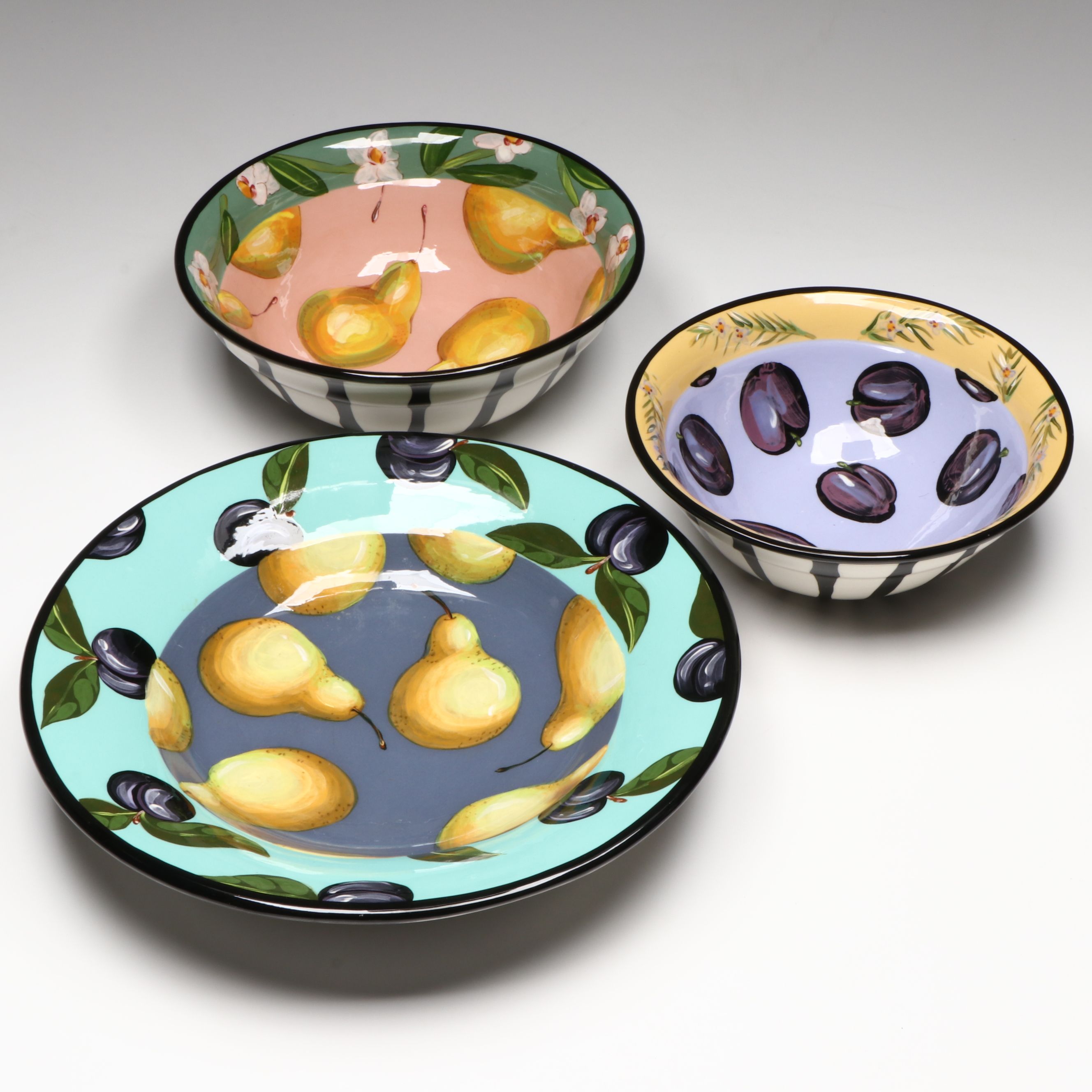 Droll Designs Hand-Painted Fruit Motif Serving Bowls