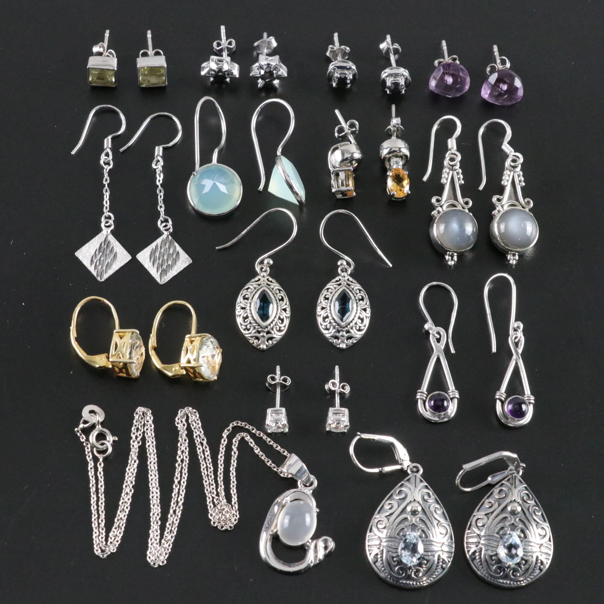 14 Assorted Sterling Earrings and Pendant Necklace
