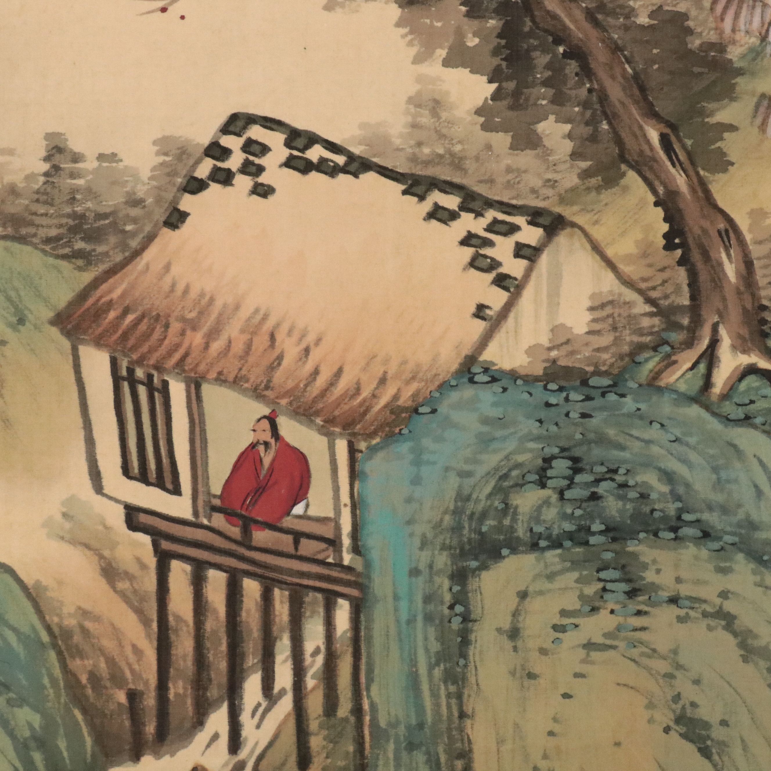 Japanese Gouache Mountain Landscape Scroll, Early 20th Century