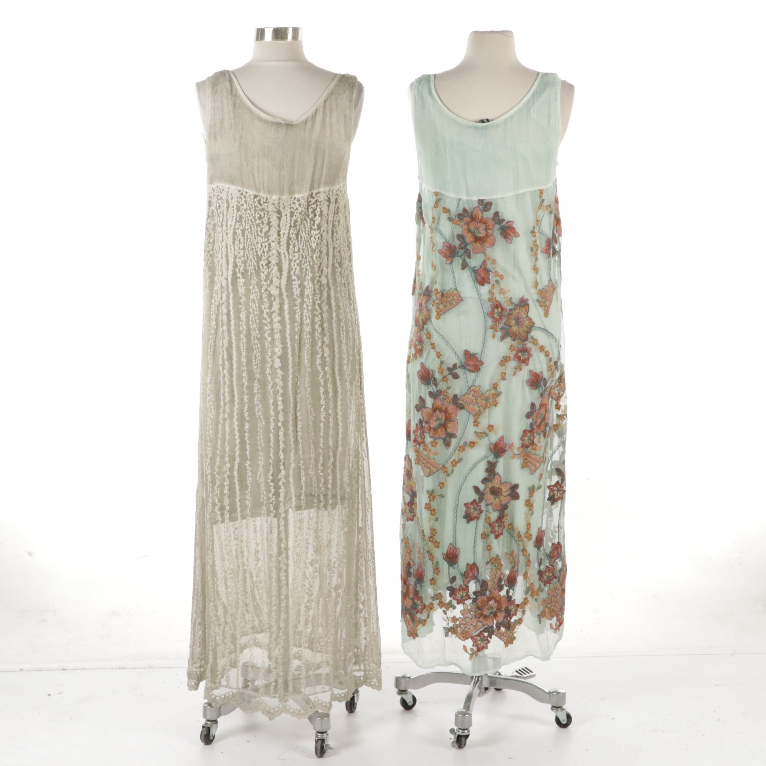 Gretty Zueger Sleeveless Silk Maxi Dresses with Cotton Embroidery