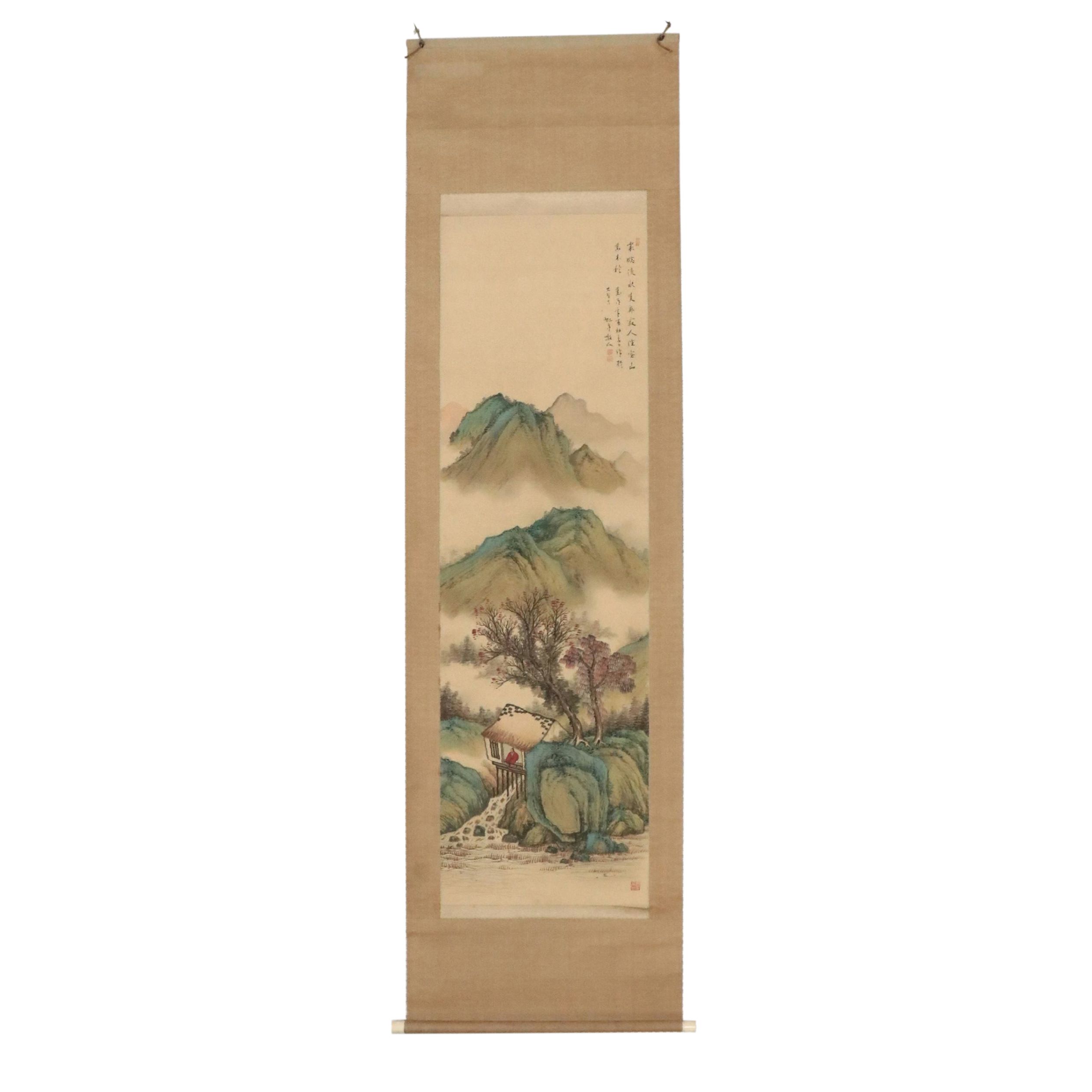 Japanese Gouache Mountain Landscape Scroll, Early 20th Century