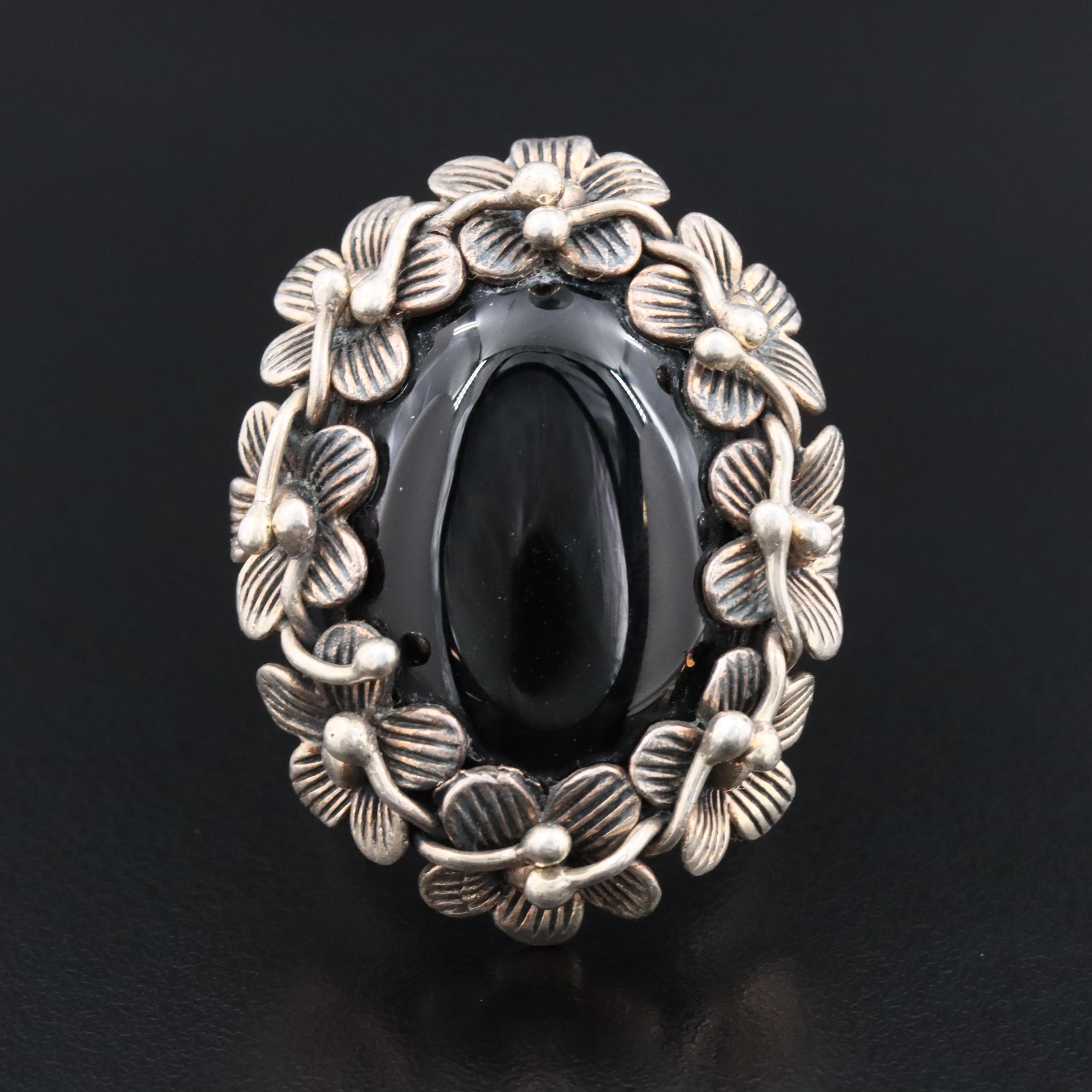 Sterling Black Onyx Floral Trim Ring