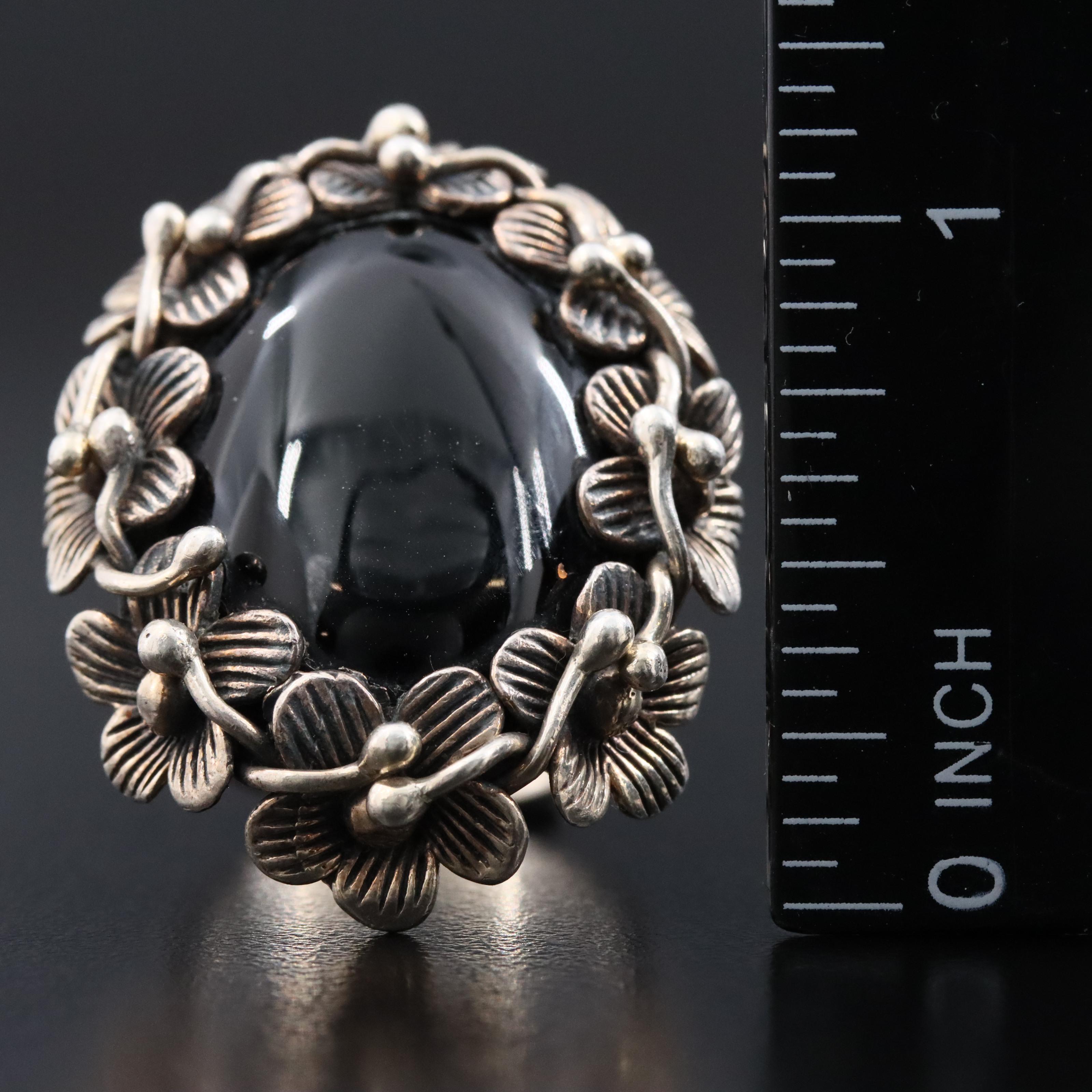 Sterling Black Onyx Floral Trim Ring