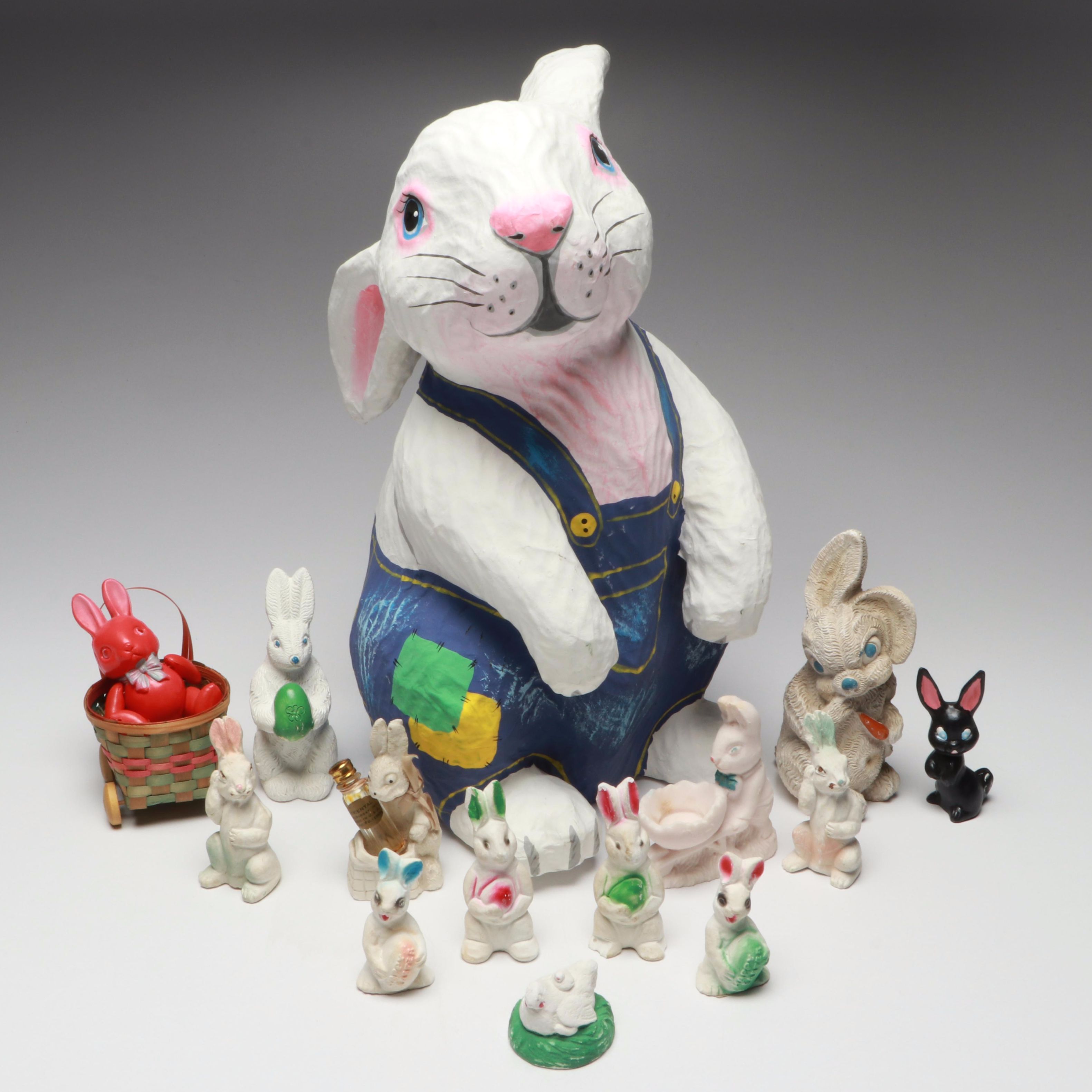 Large Papier-Mâché Easter Bunny and More Figurines, Mid to Late 20th Century