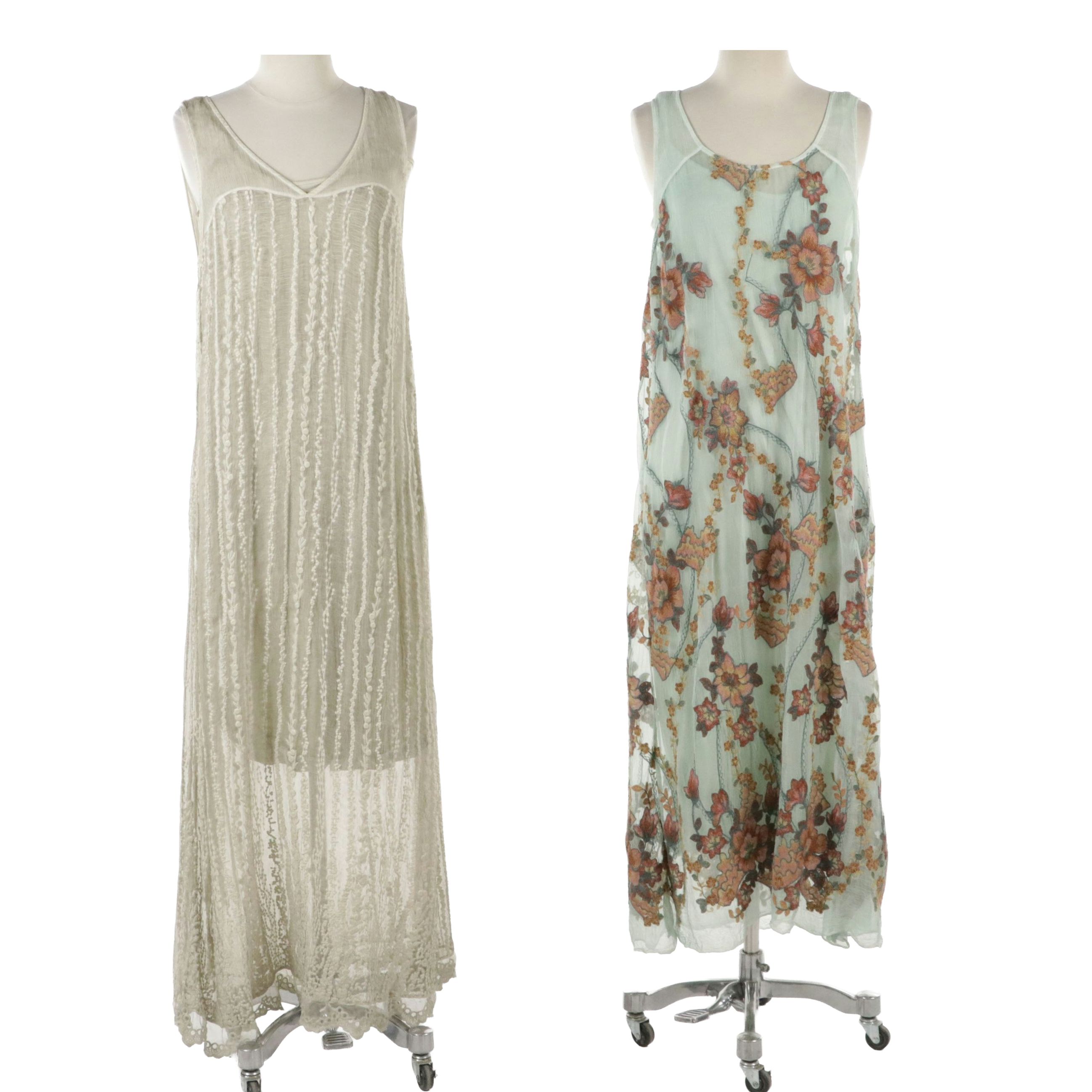 Gretty Zueger Sleeveless Silk Maxi Dresses with Cotton Embroidery