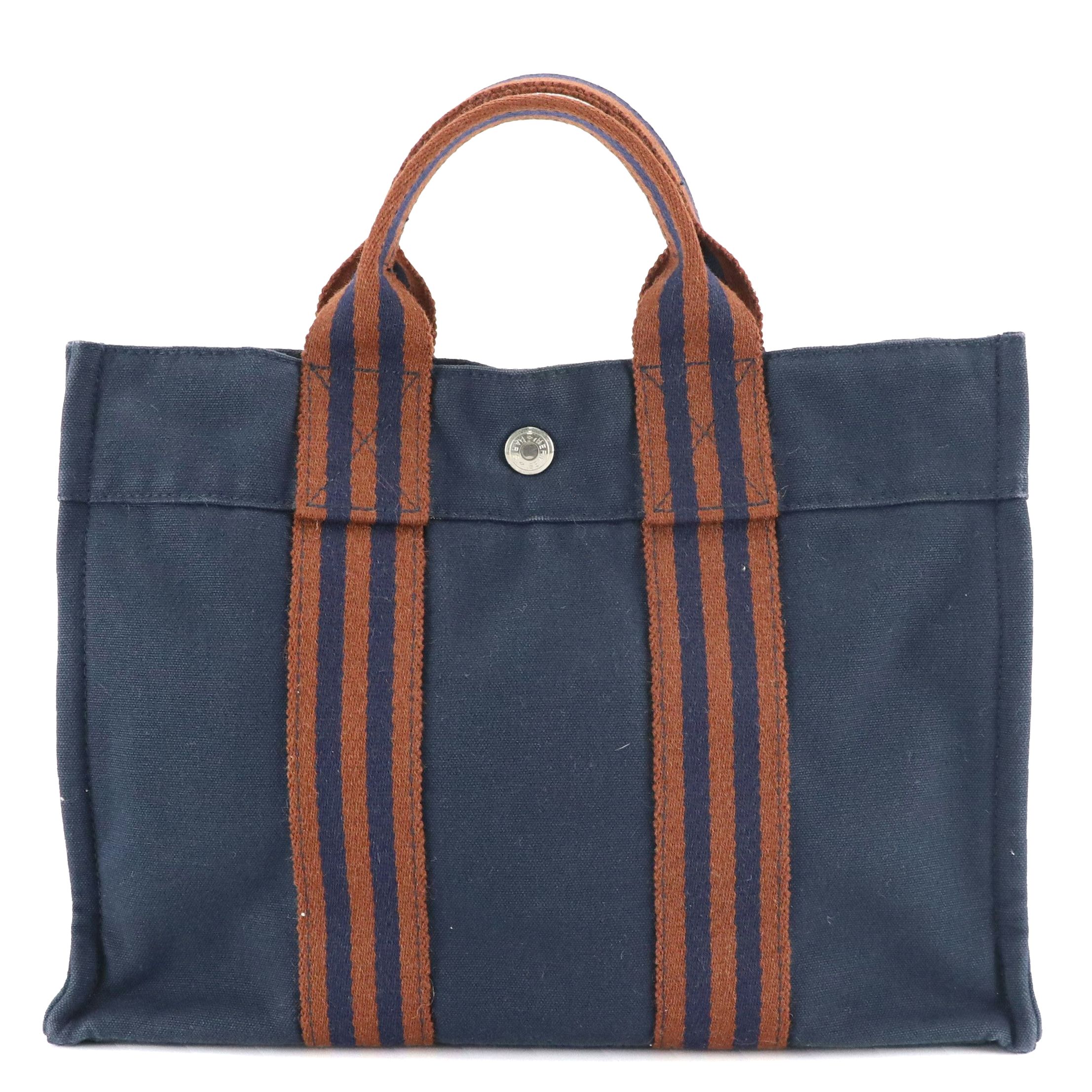 Hermès Fourre-Tout PM in Rust and Navy Blue Cotton Canvas, With Box