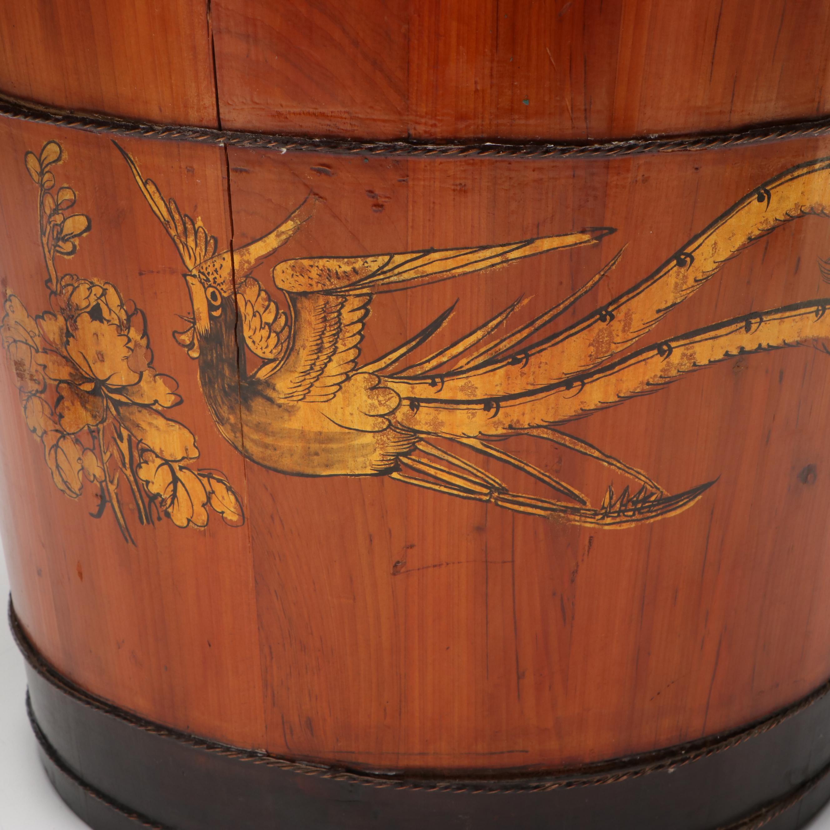 Chinese Paint Decorated Wooden Grain Basket