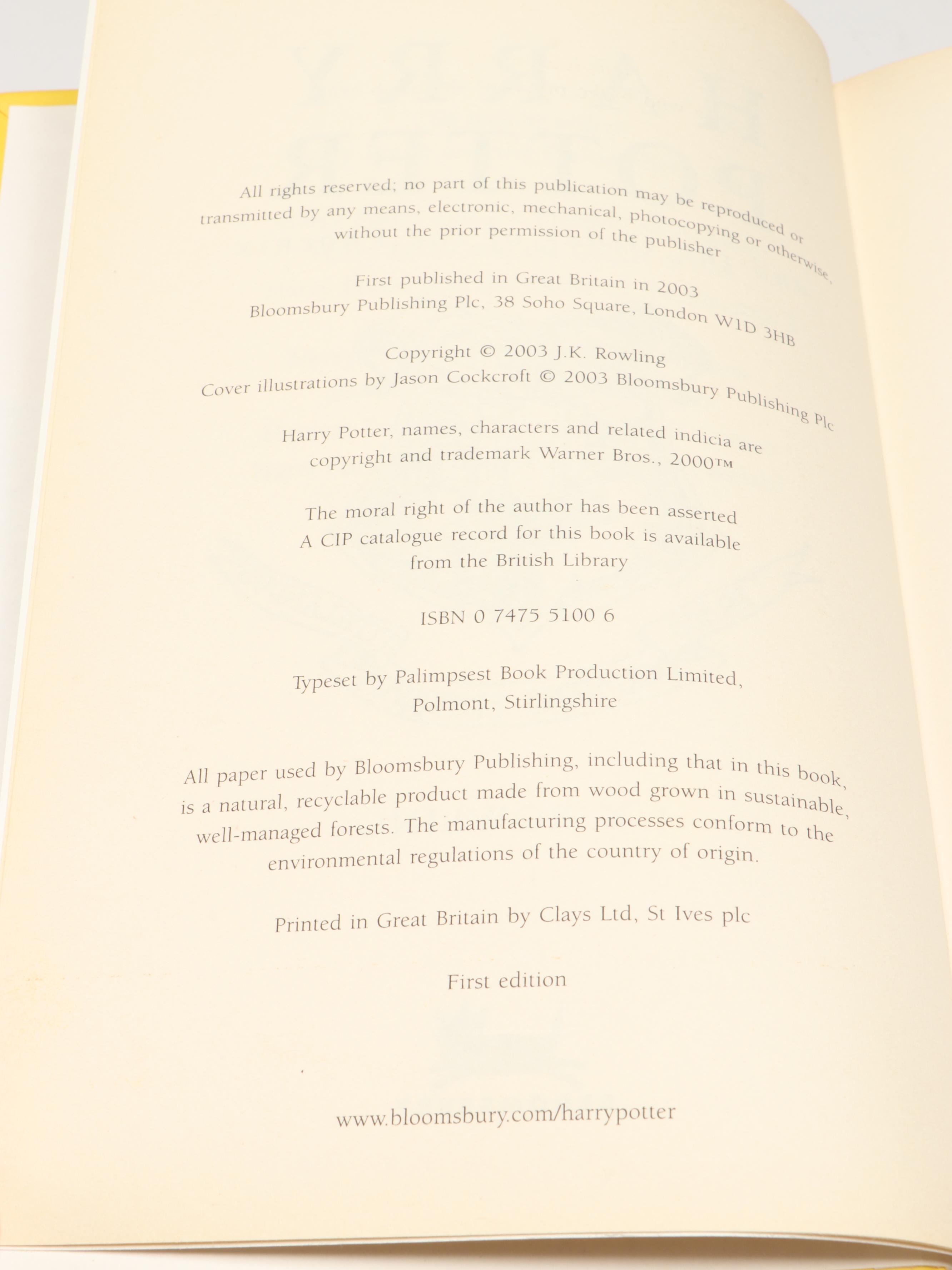 First Edition "Harry Potter and the Order of the Phoenix" by J. K. Rowling