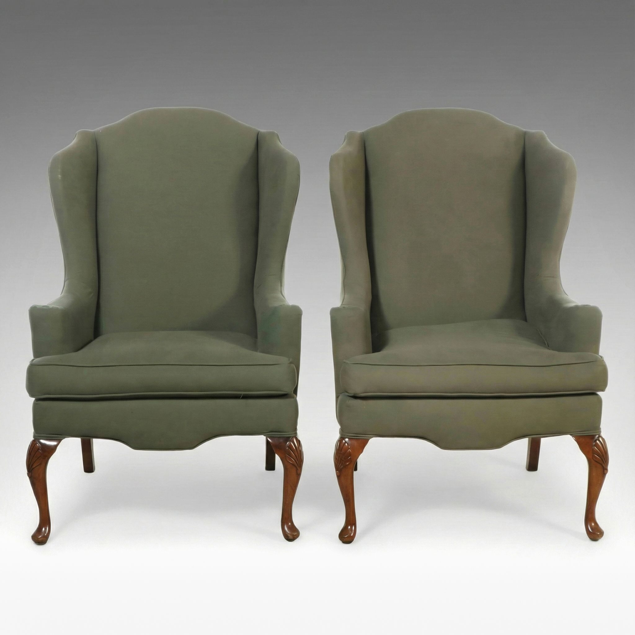 Pair of Queen Anne Style Green Fabric Upholstered Wingback Armchairs