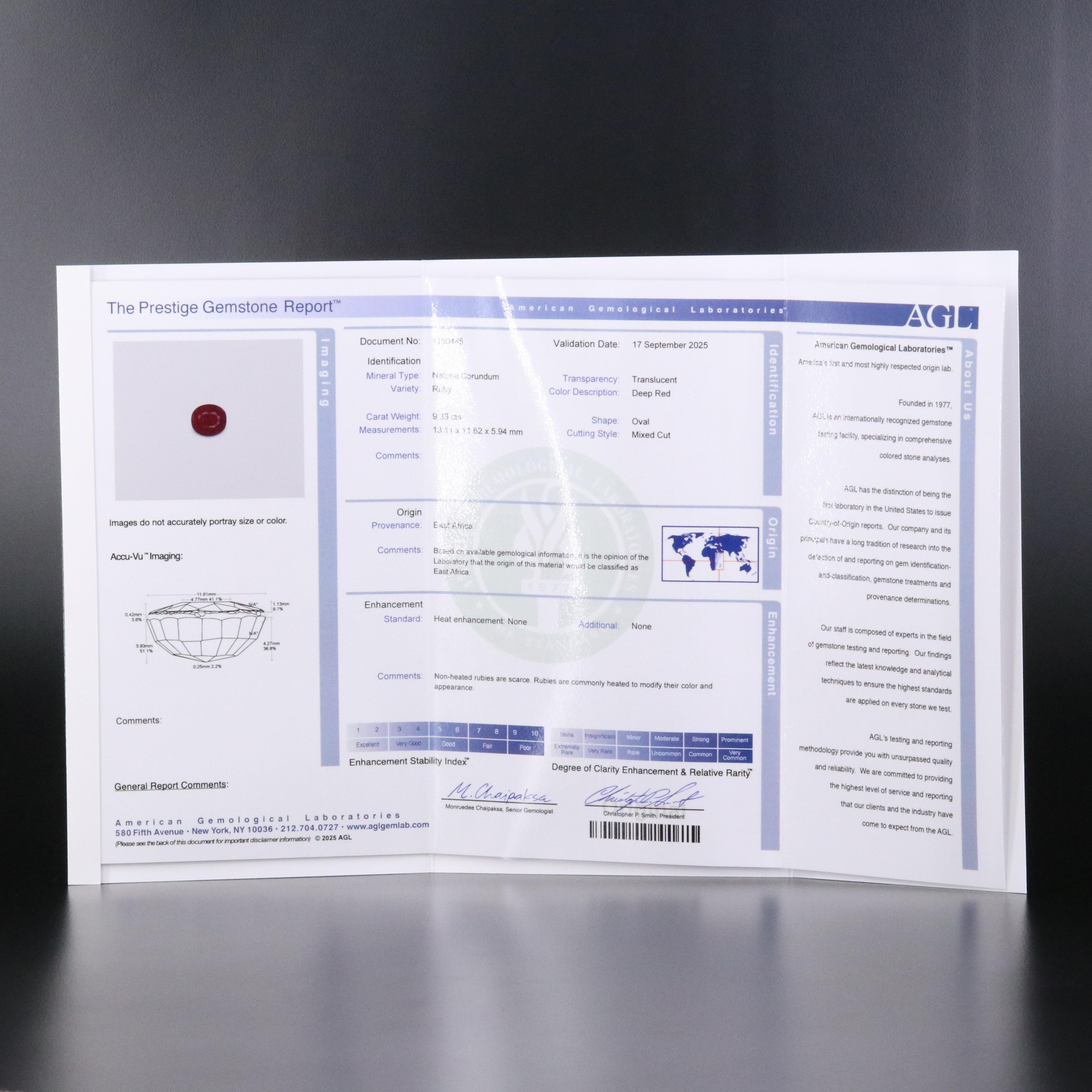 Loose 9.33 CT Unheated Ruby with GIA and AGL Reports