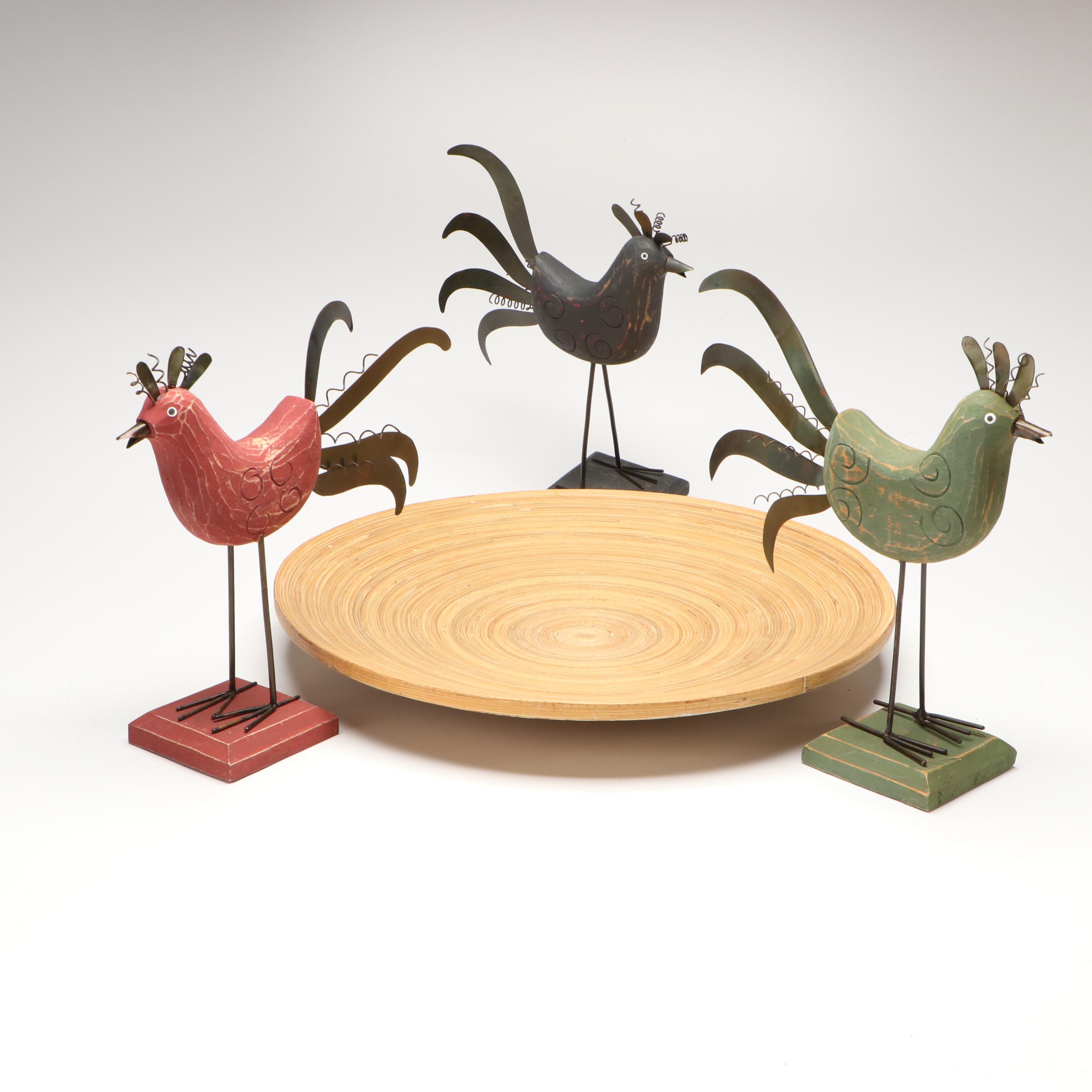 American Folk Art Style Rooster Figurines and Centerpiece Bowl