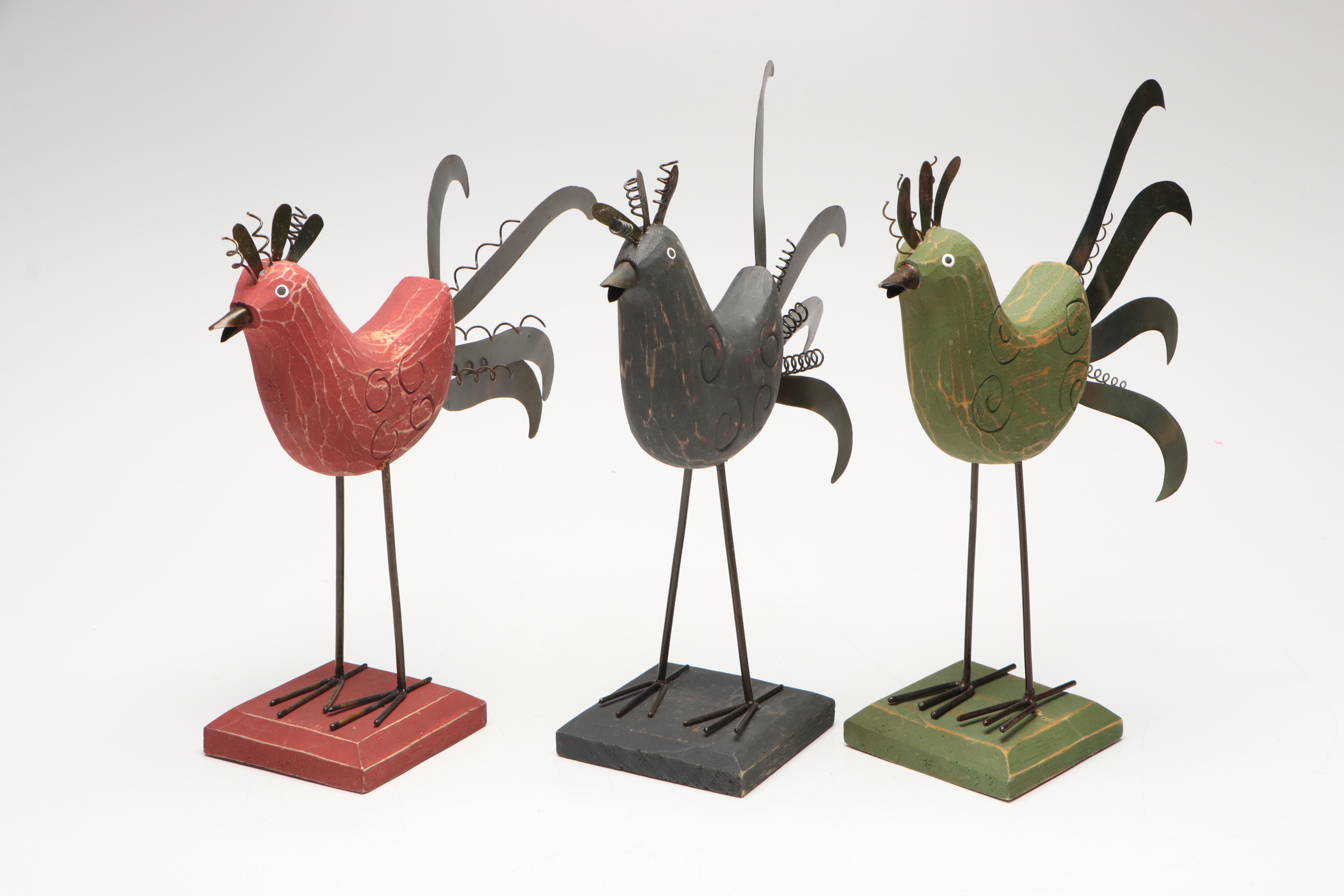 American Folk Art Style Rooster Figurines and Centerpiece Bowl