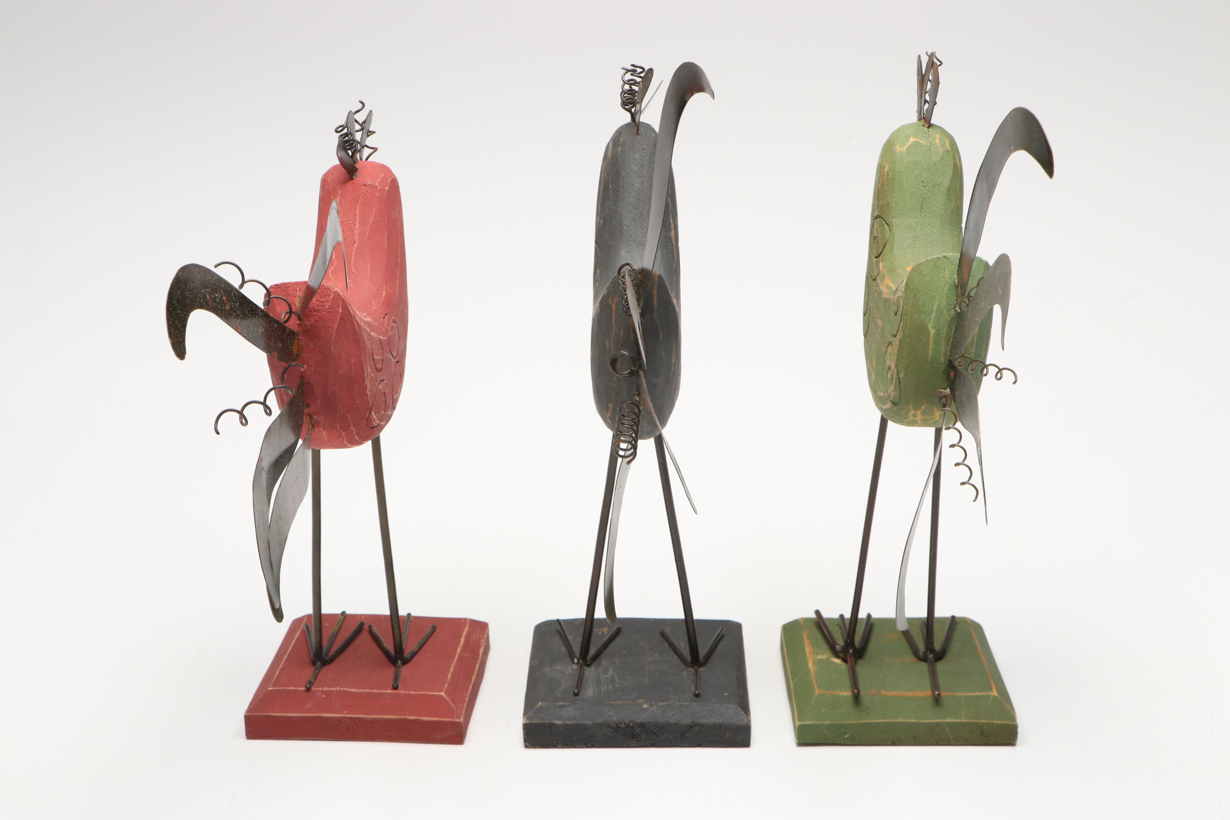 American Folk Art Style Rooster Figurines and Centerpiece Bowl