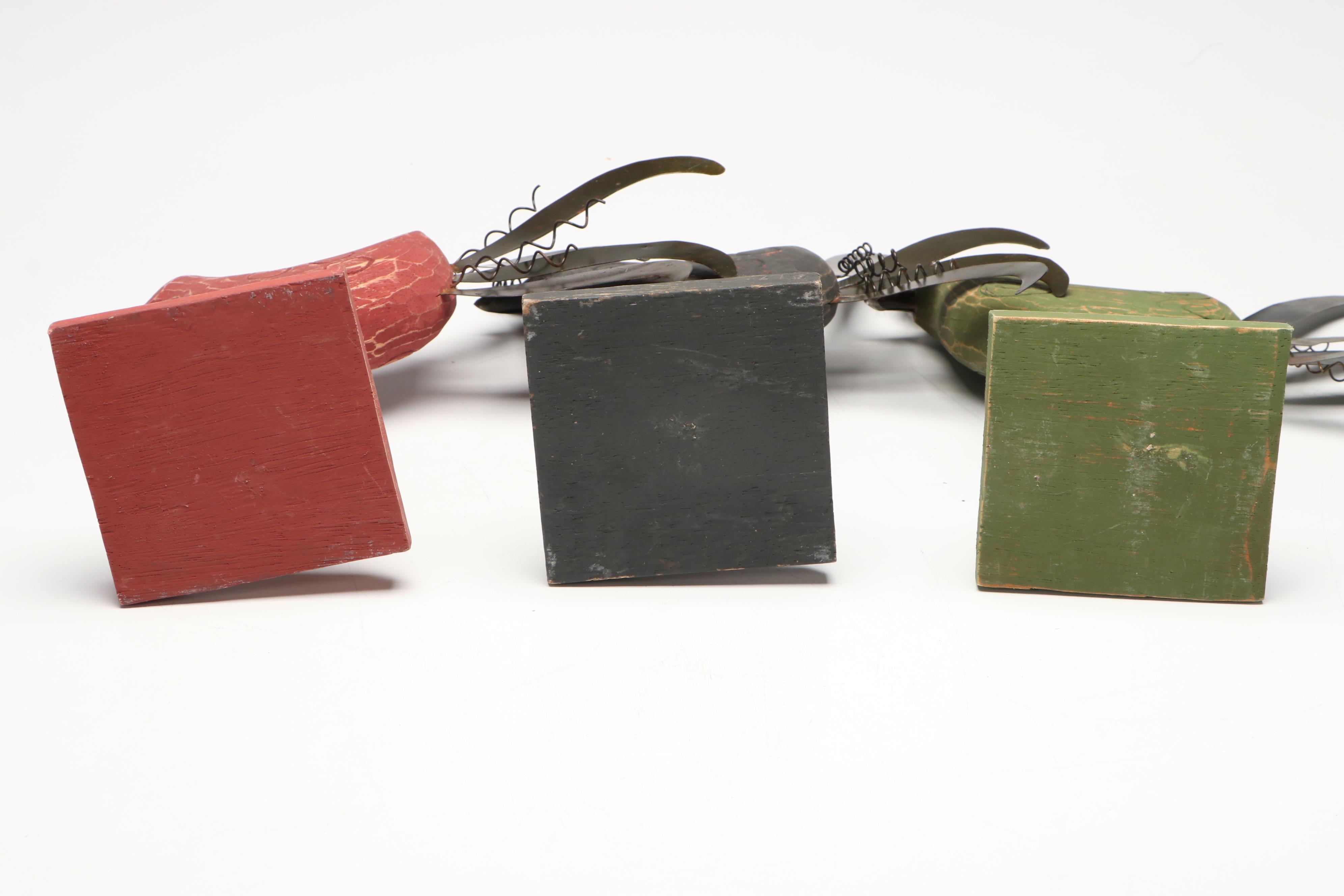 American Folk Art Style Rooster Figurines and Centerpiece Bowl