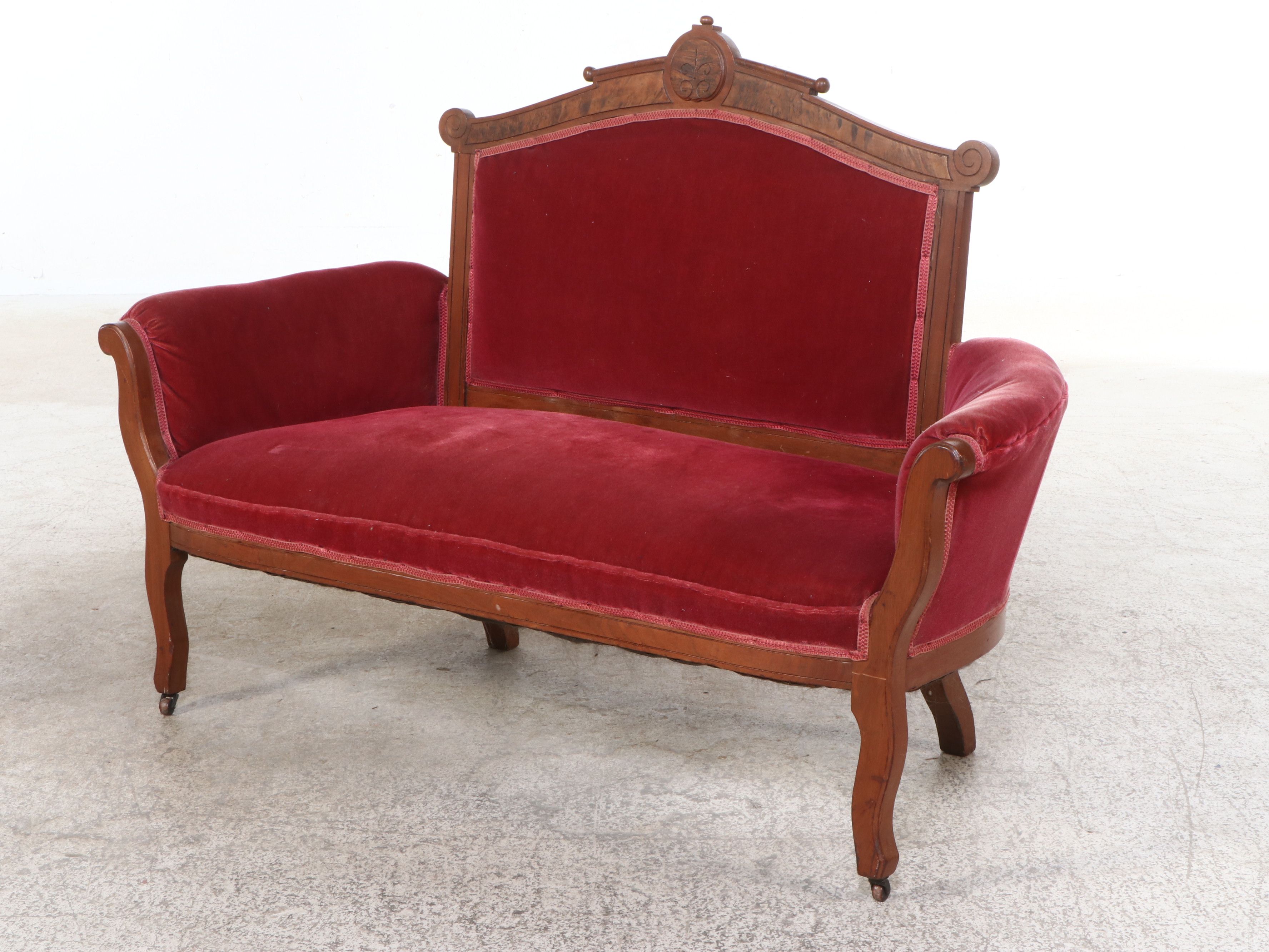 Victorian Eastlake Style Mohair Upholstered Carved Burl and Walnut Parlor Set