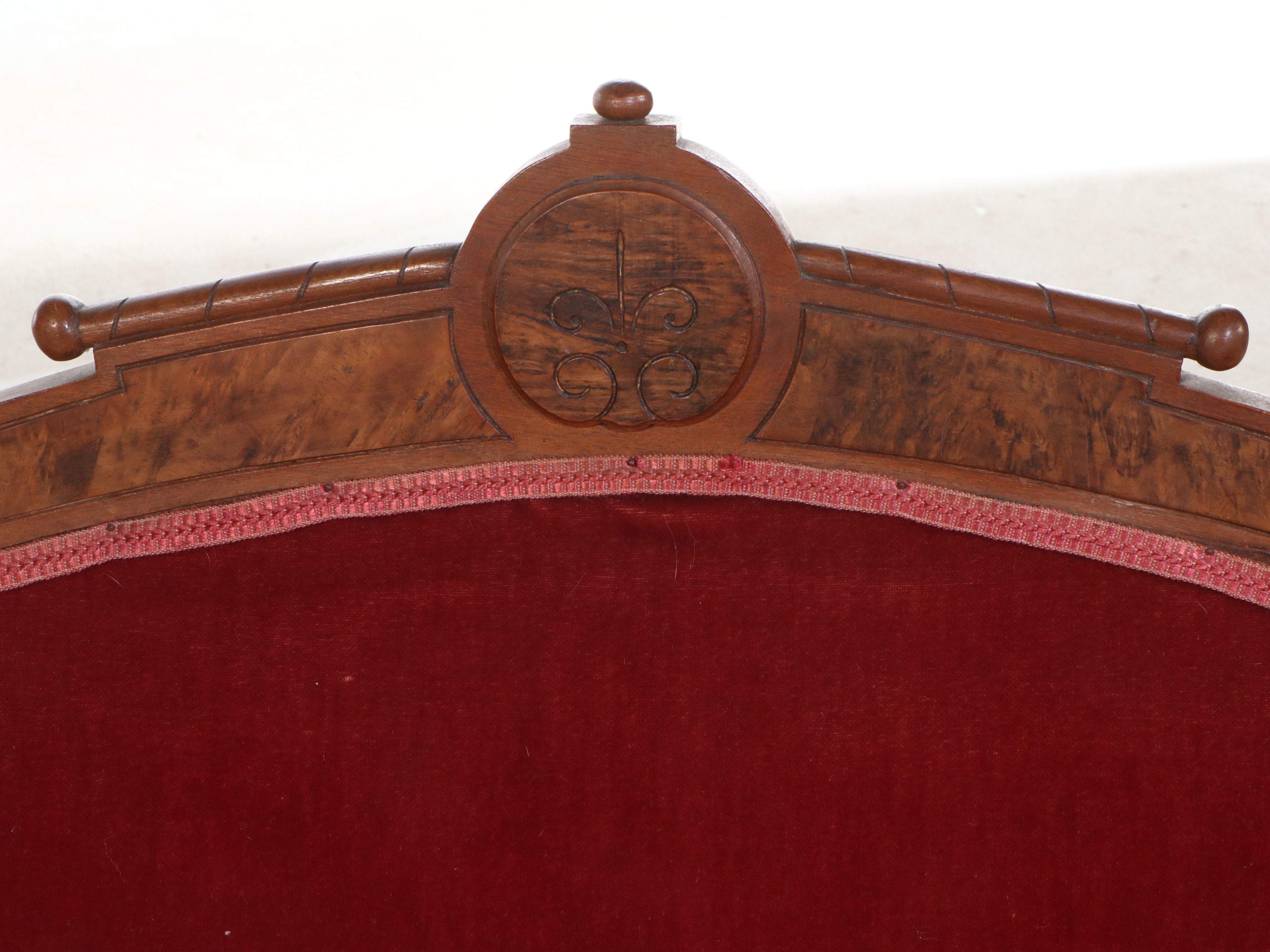 Victorian Eastlake Style Mohair Upholstered Carved Burl and Walnut Parlor Set